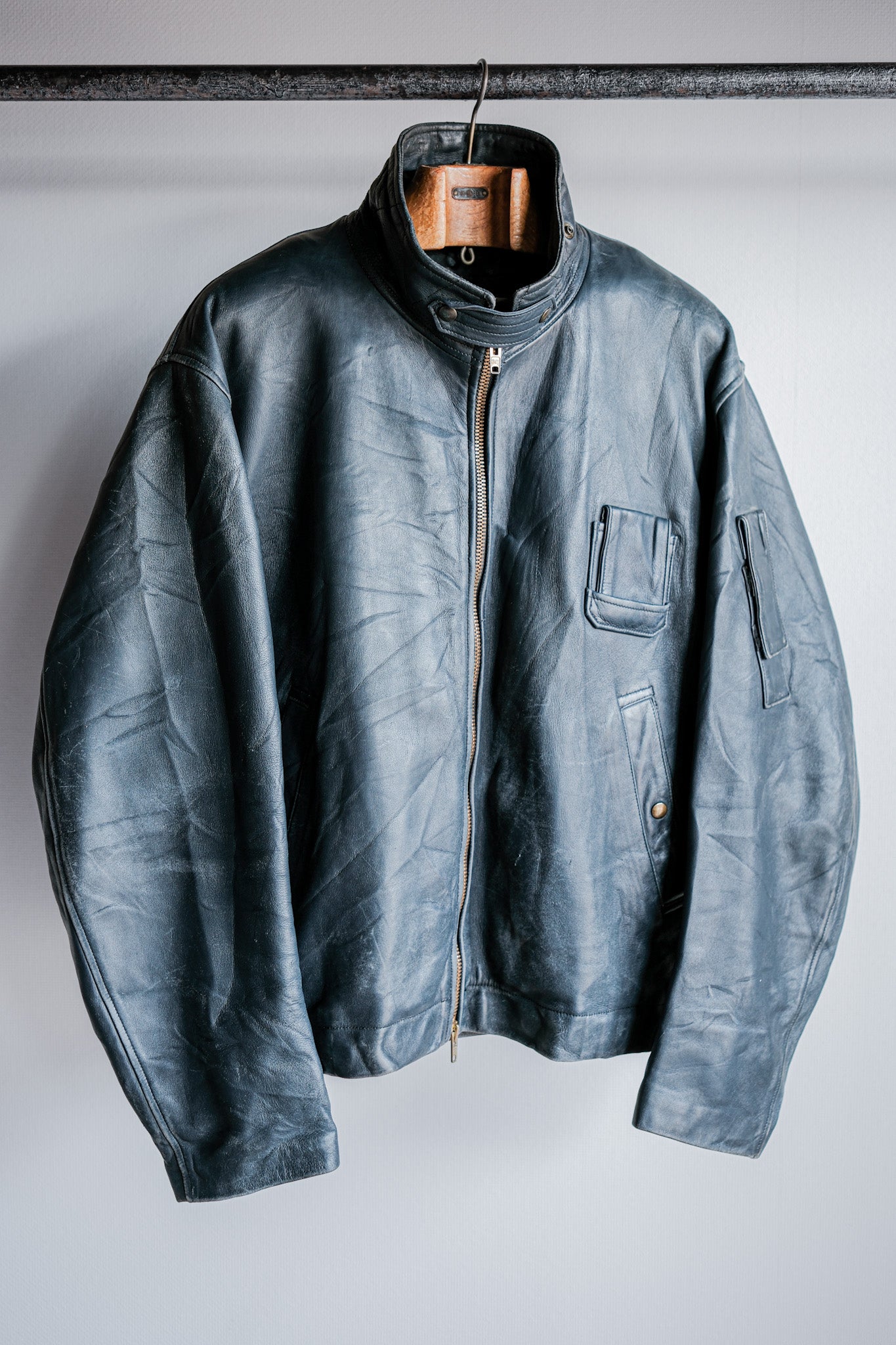 【~70's】French Air Force Pilot Leather Jacket With Chin Strap & Liner Size.104L