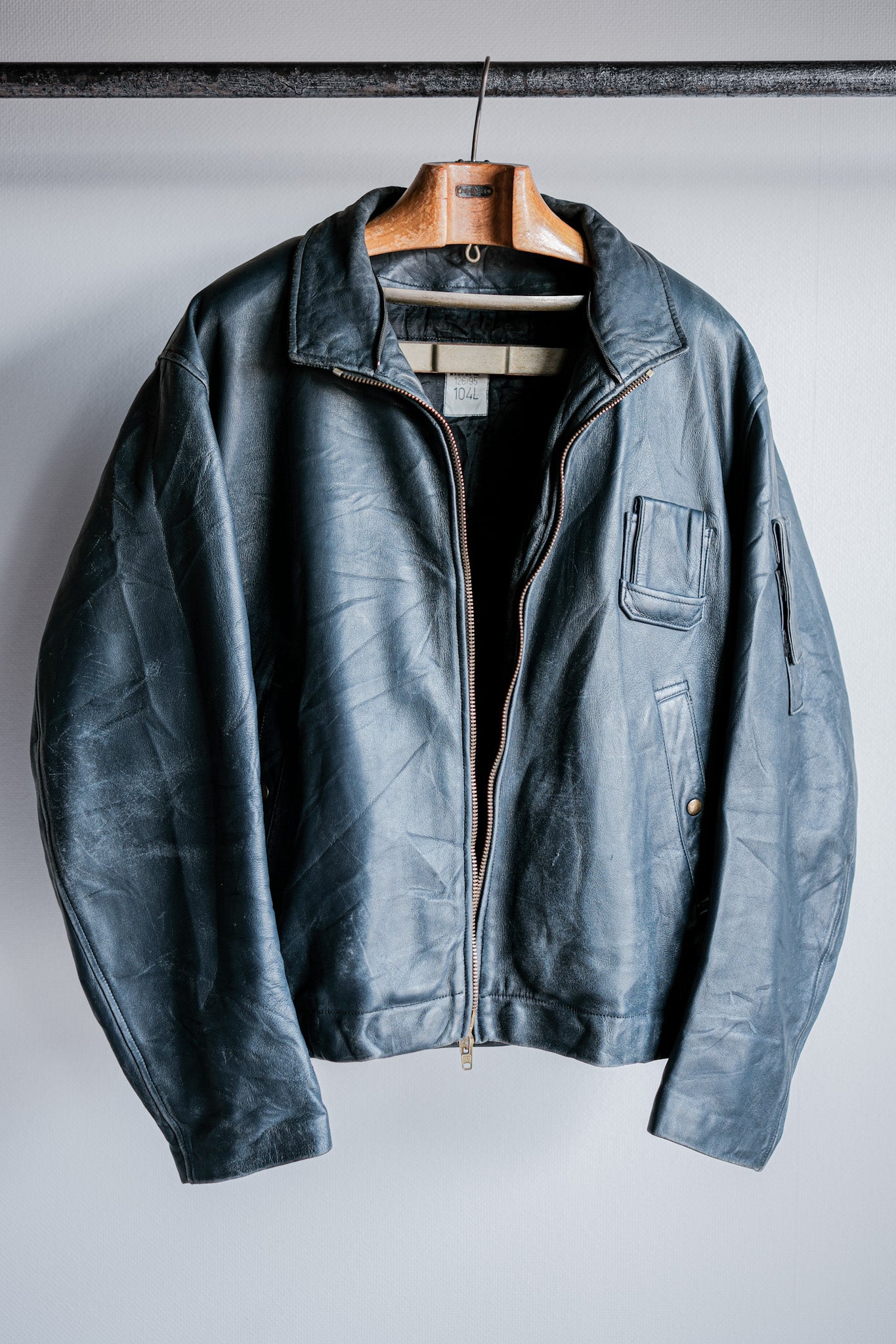 【~70's】French Air Force Pilot Leather Jacket With Chin Strap & Liner Size.104L