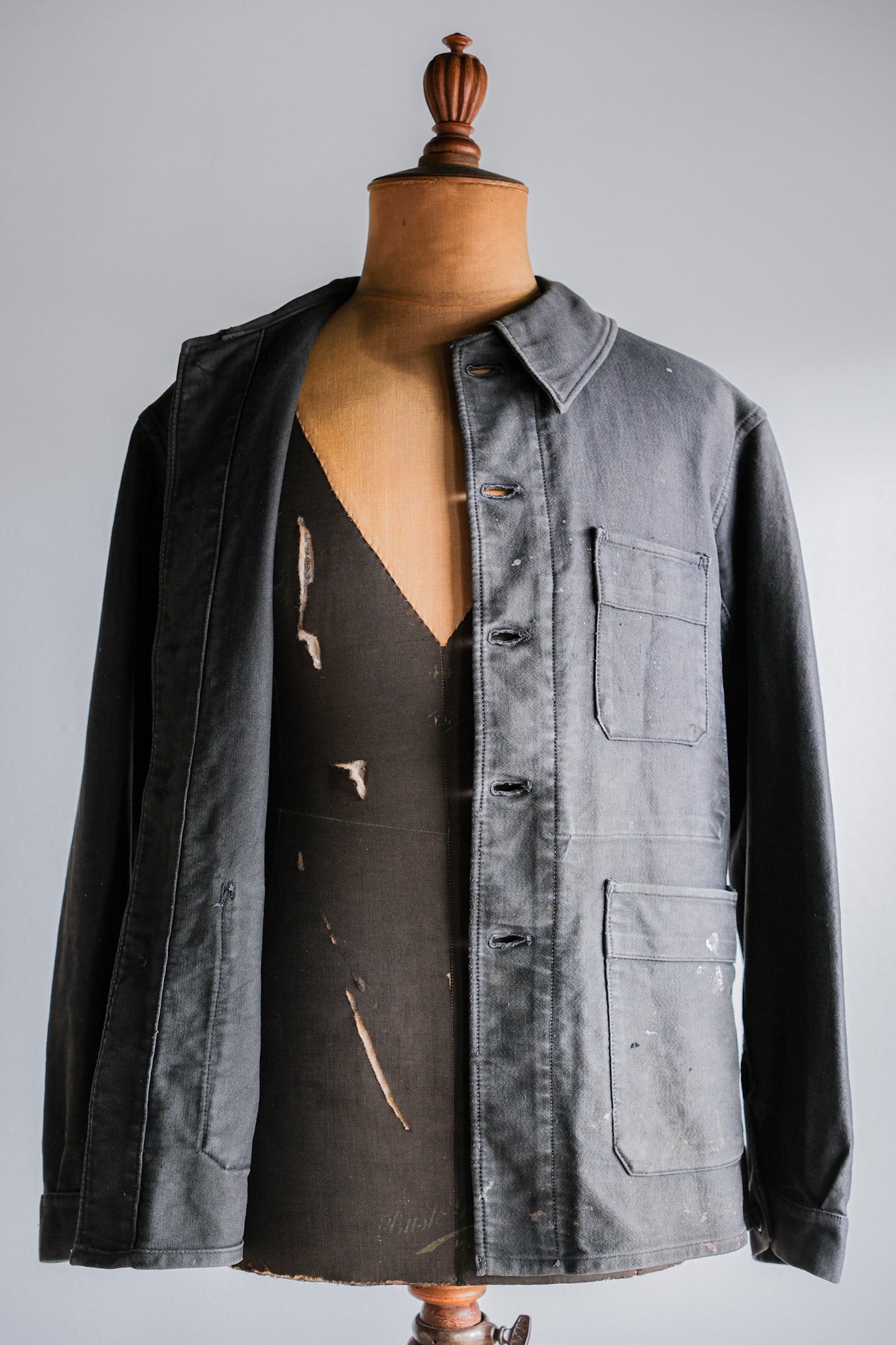 【~40's】French Vintage Black Moleskin Work Jacket "Adolphe Lafont"