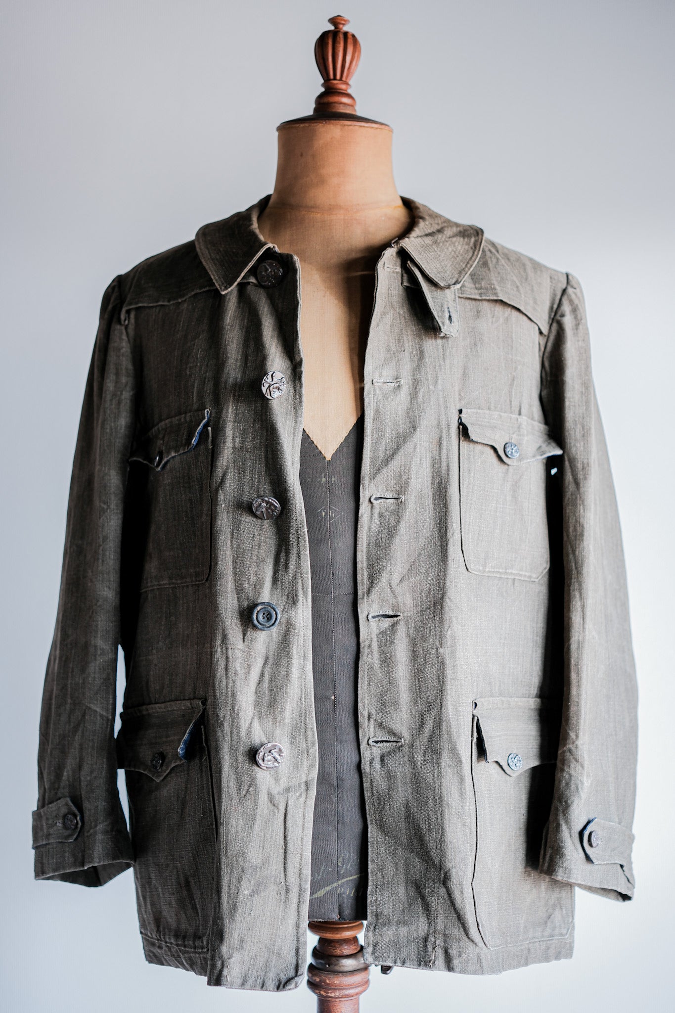 【~20's】French Vintage Linen Canvas Hunting Jacket With Chin Strap