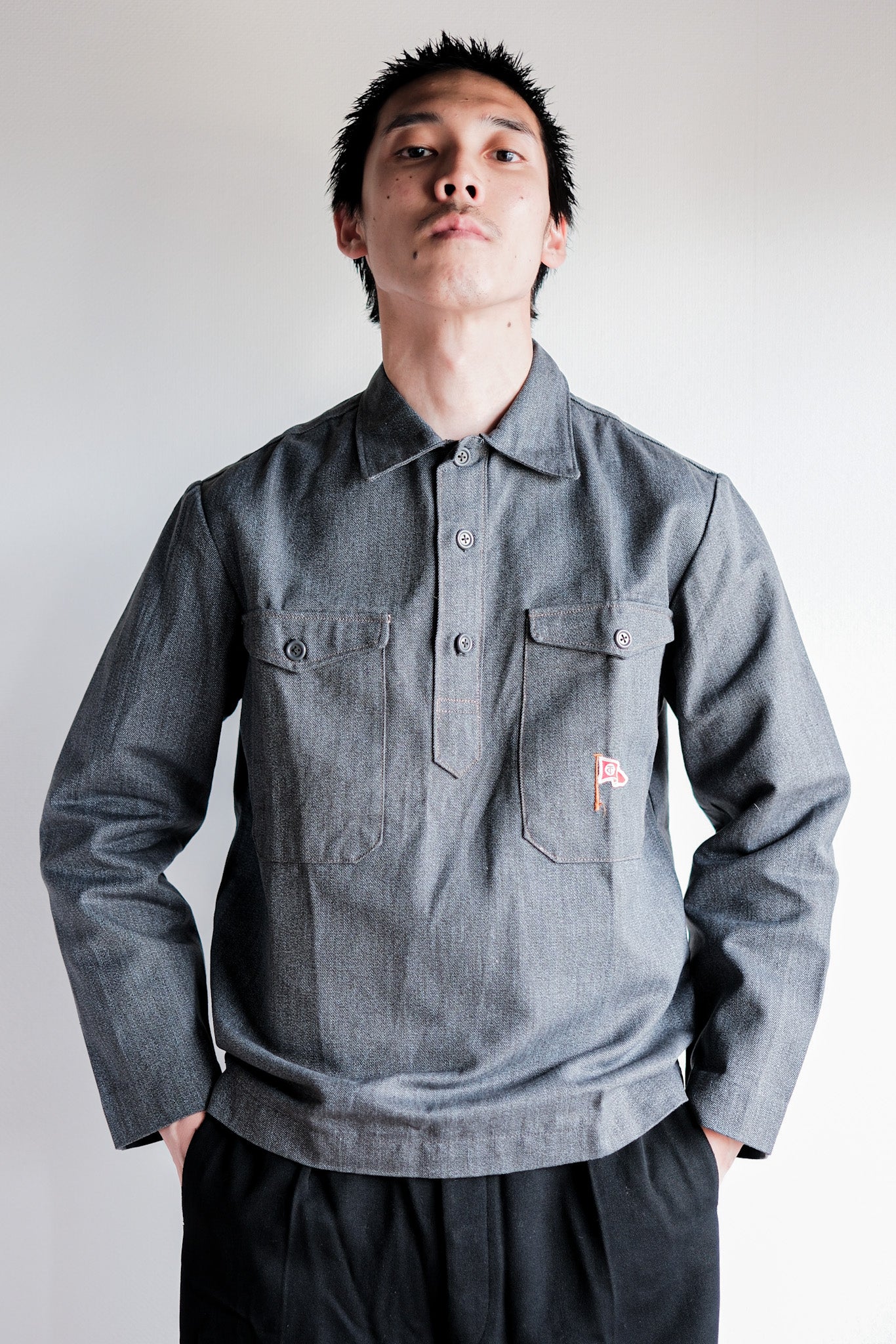 【~50's】Europe Vintage Salt & Pepper Cotton Smock "Dead Stock"