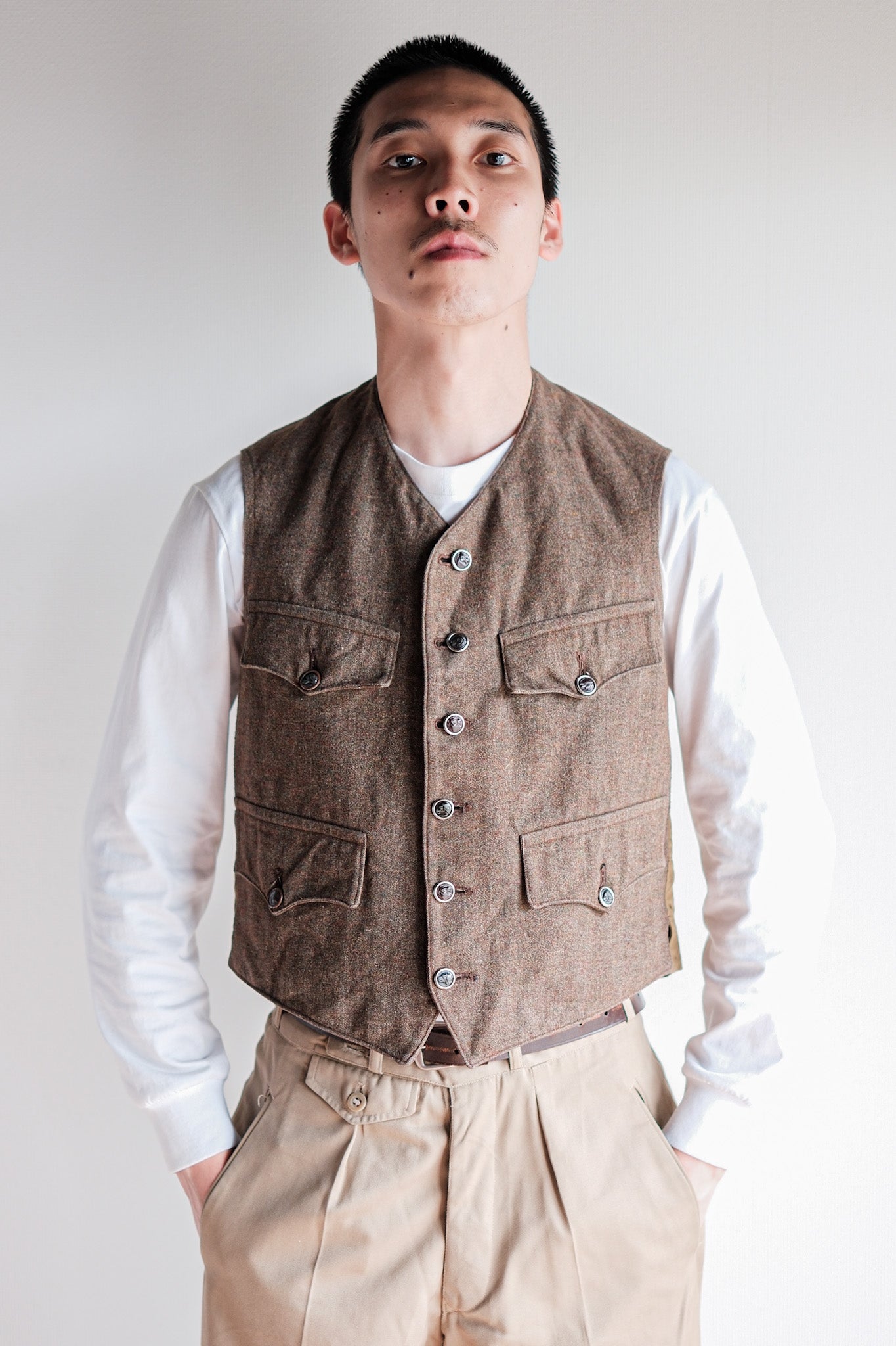 【~40's】French Vintage Brown Mix Wool Hunting Gilet