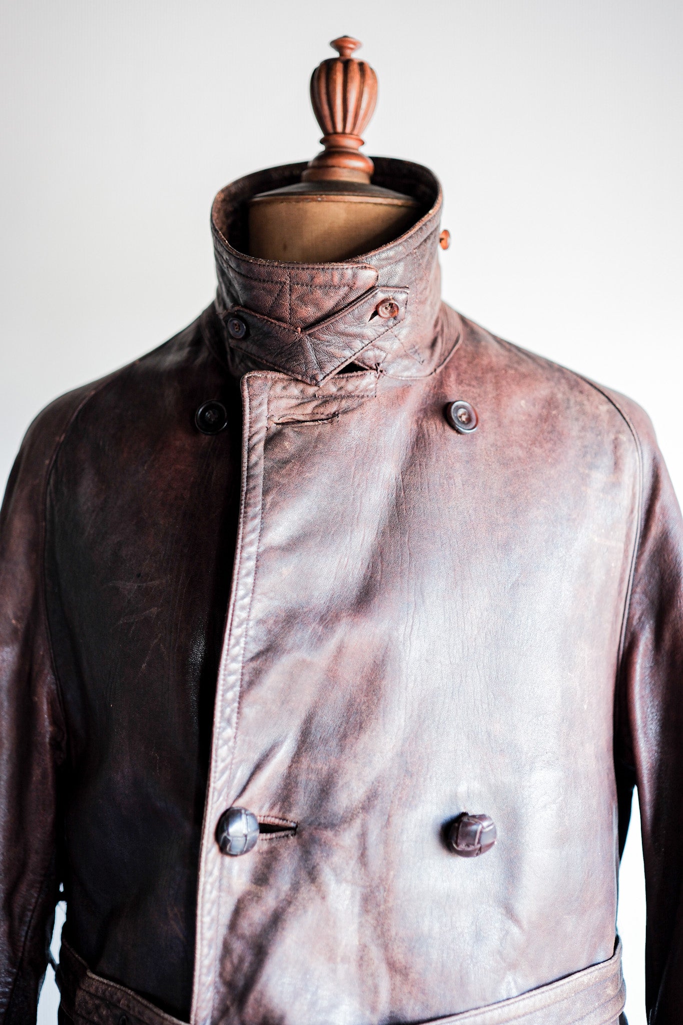 【~40's】French Vintage Double Breasted Brown Leather Coat With Chin Strap