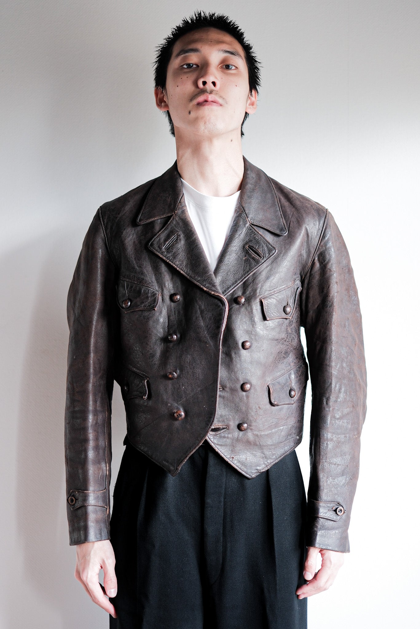 【~40's】German Vintage Double Breasted Motorcycle Leather Jacket