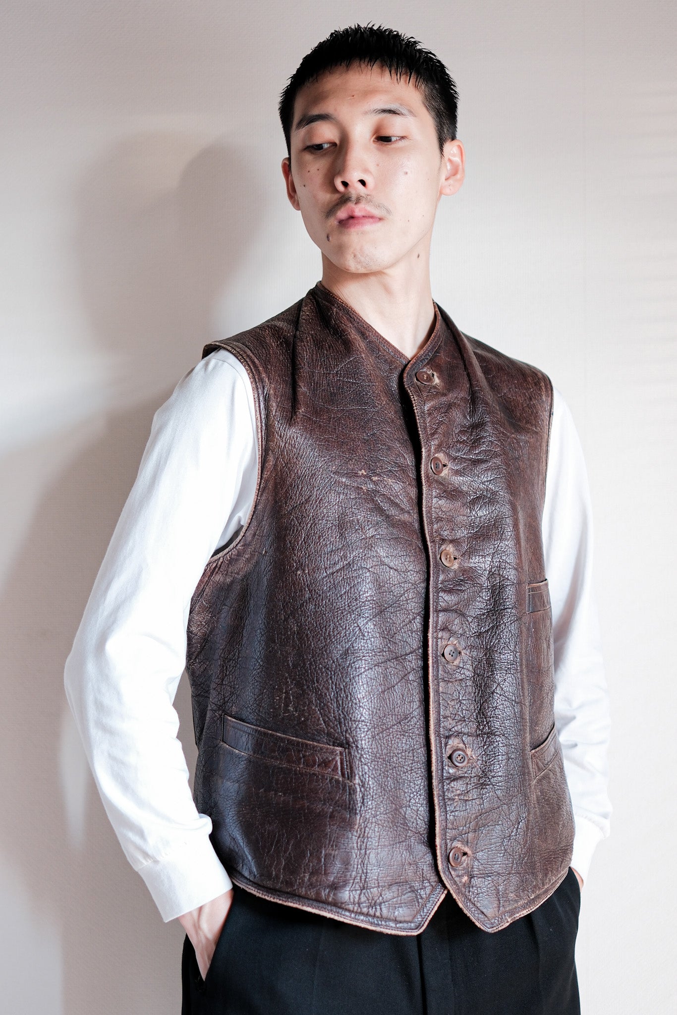 【~40's】French Vintage Brown Leather Work Gilet