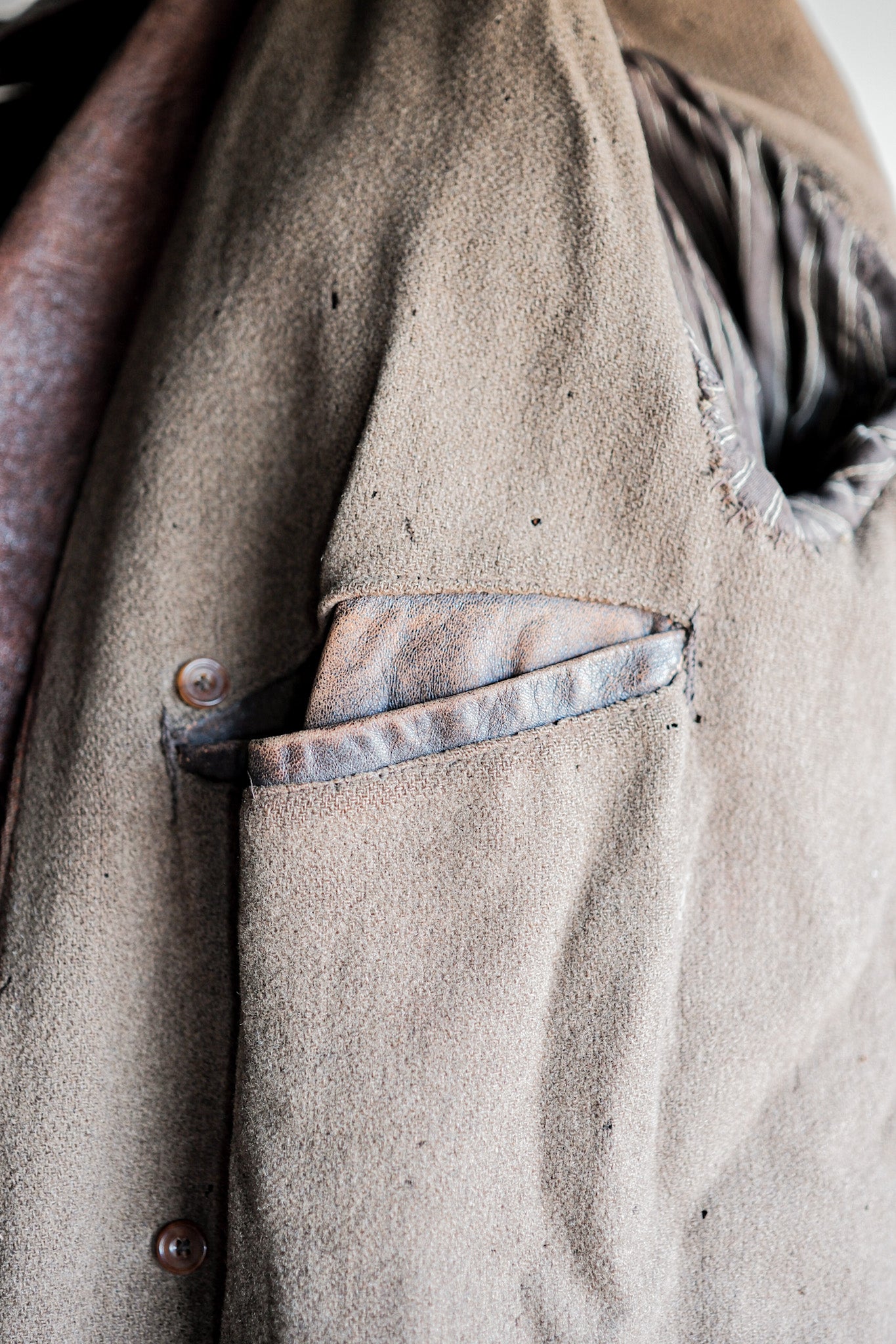 【~40's】French Vintage Double Breasted Brown Leather Coat With Chin Strap