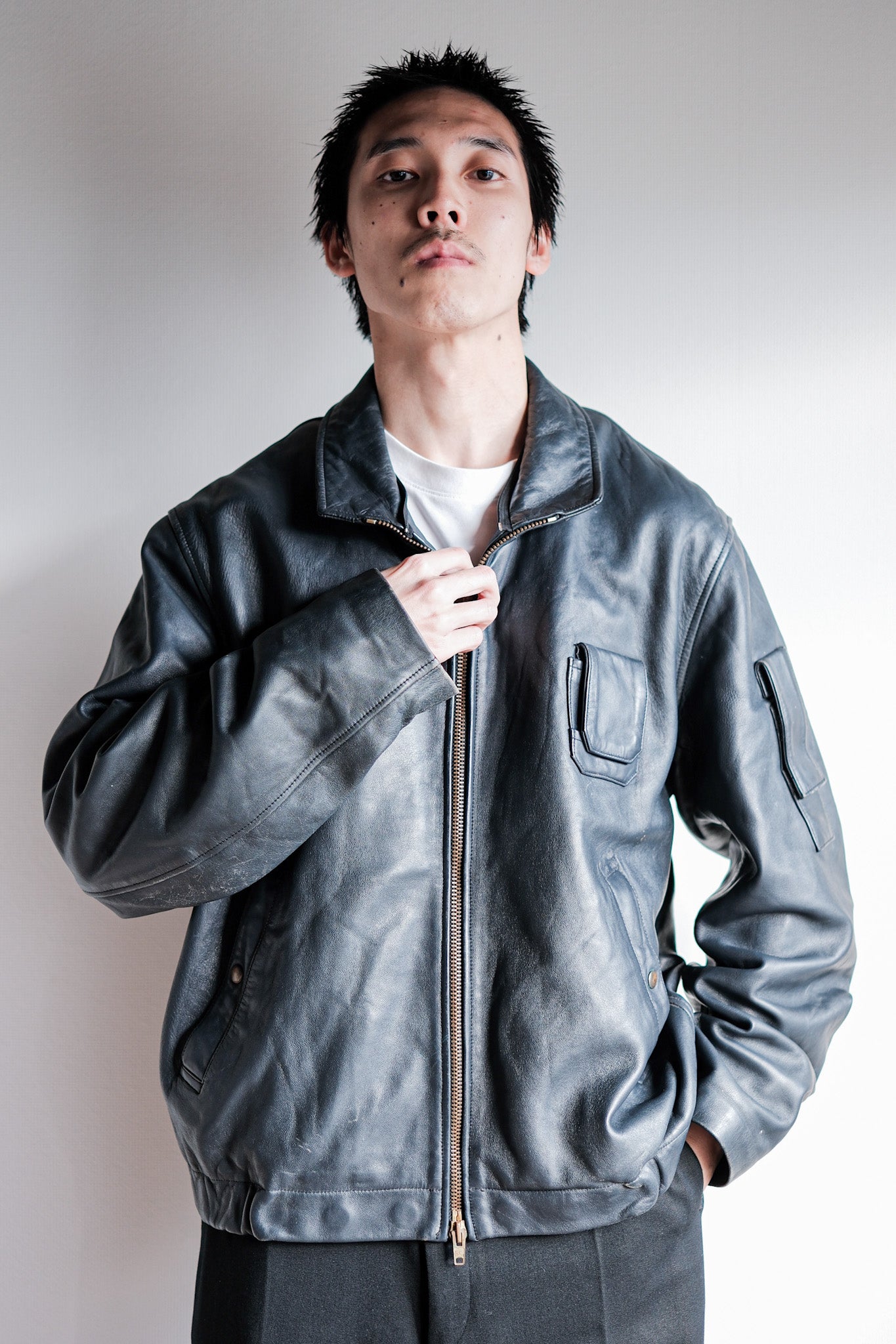 【~70's】French Air Force Pilot Leather Jacket With Chin Strap Size.100L