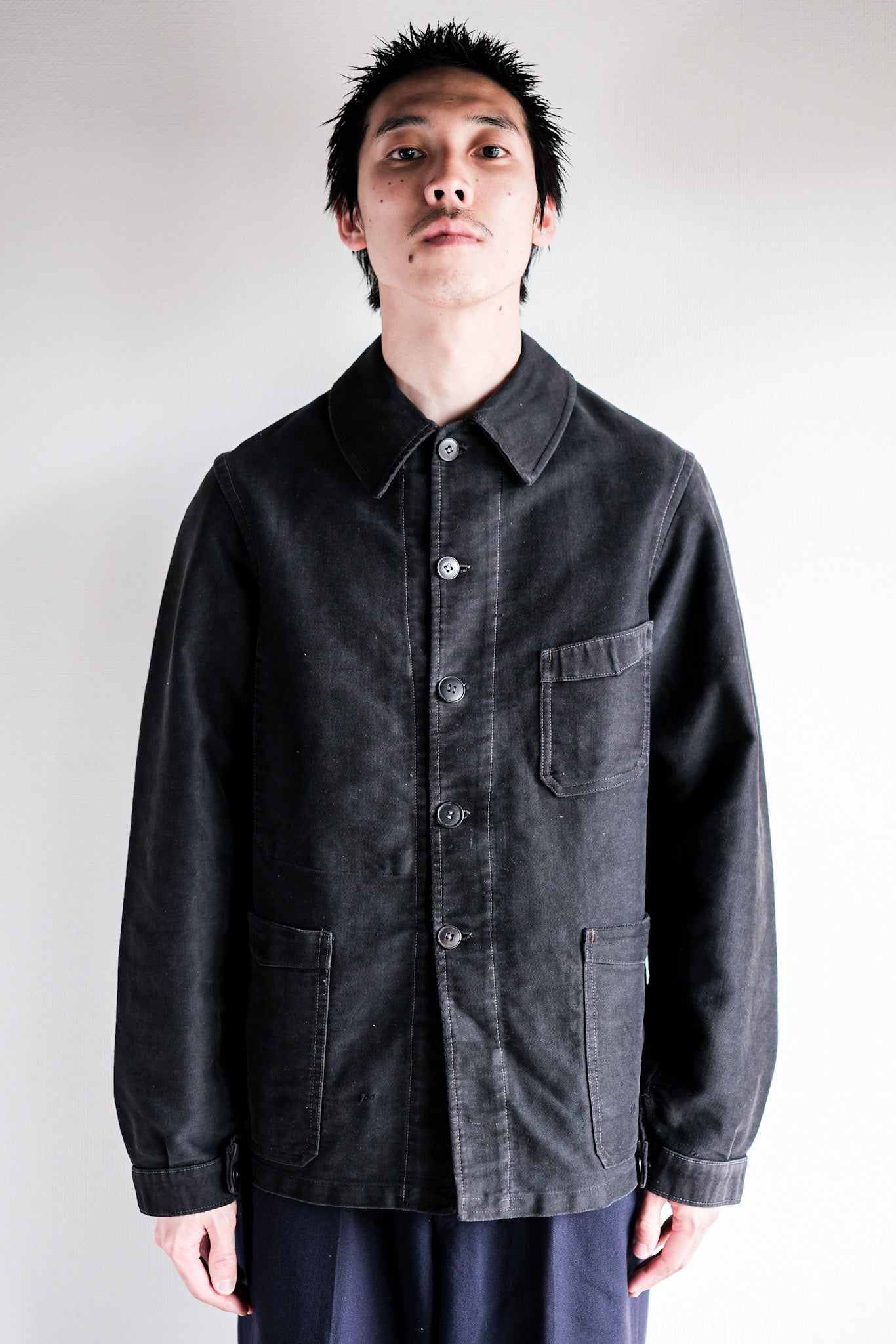 【~40's】French Vintage Black Moleskin Work Jacket "Unusual Pocket"