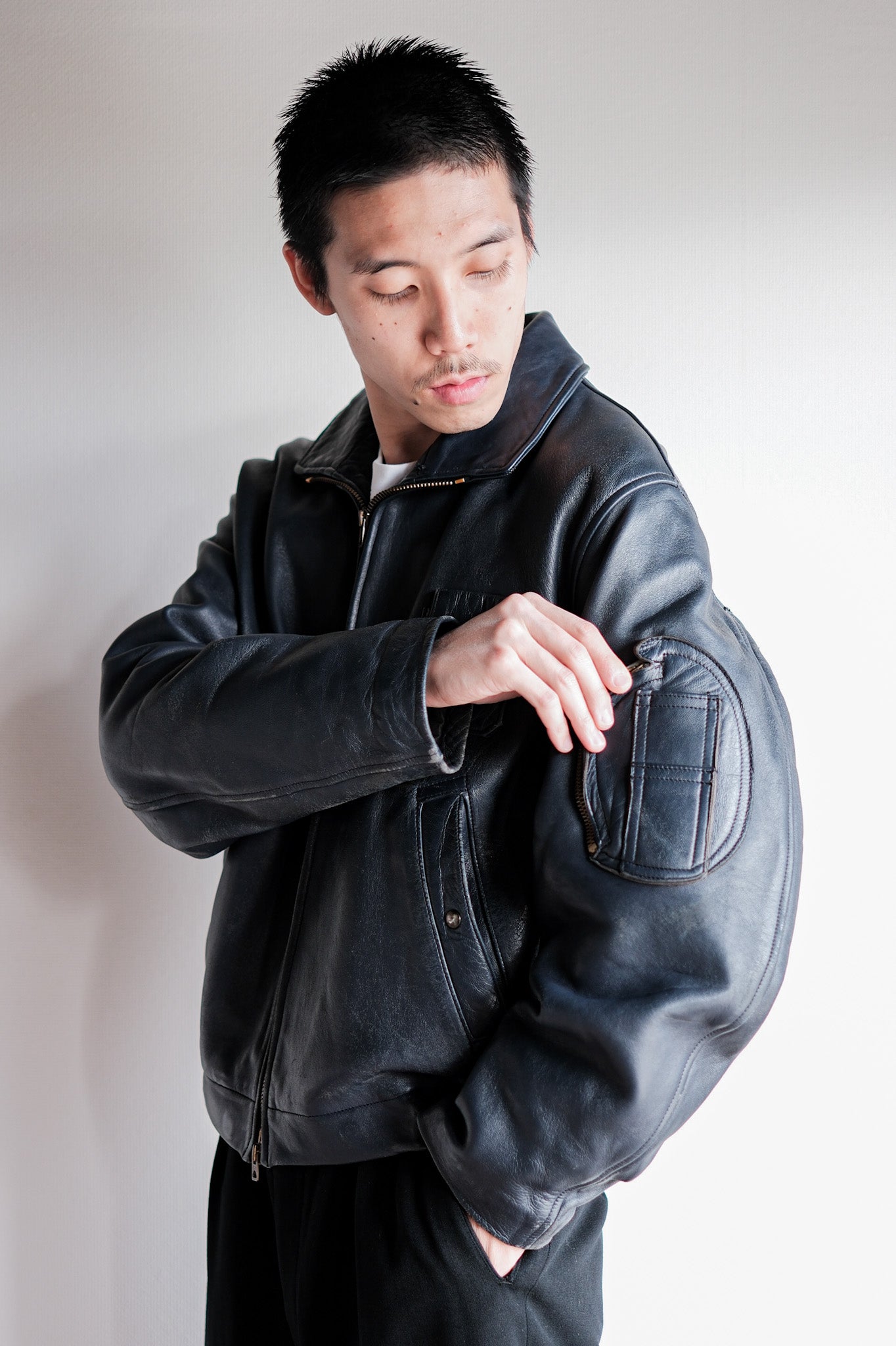 【~70's】French Air Force Pilot Leather Jacket Size.96M