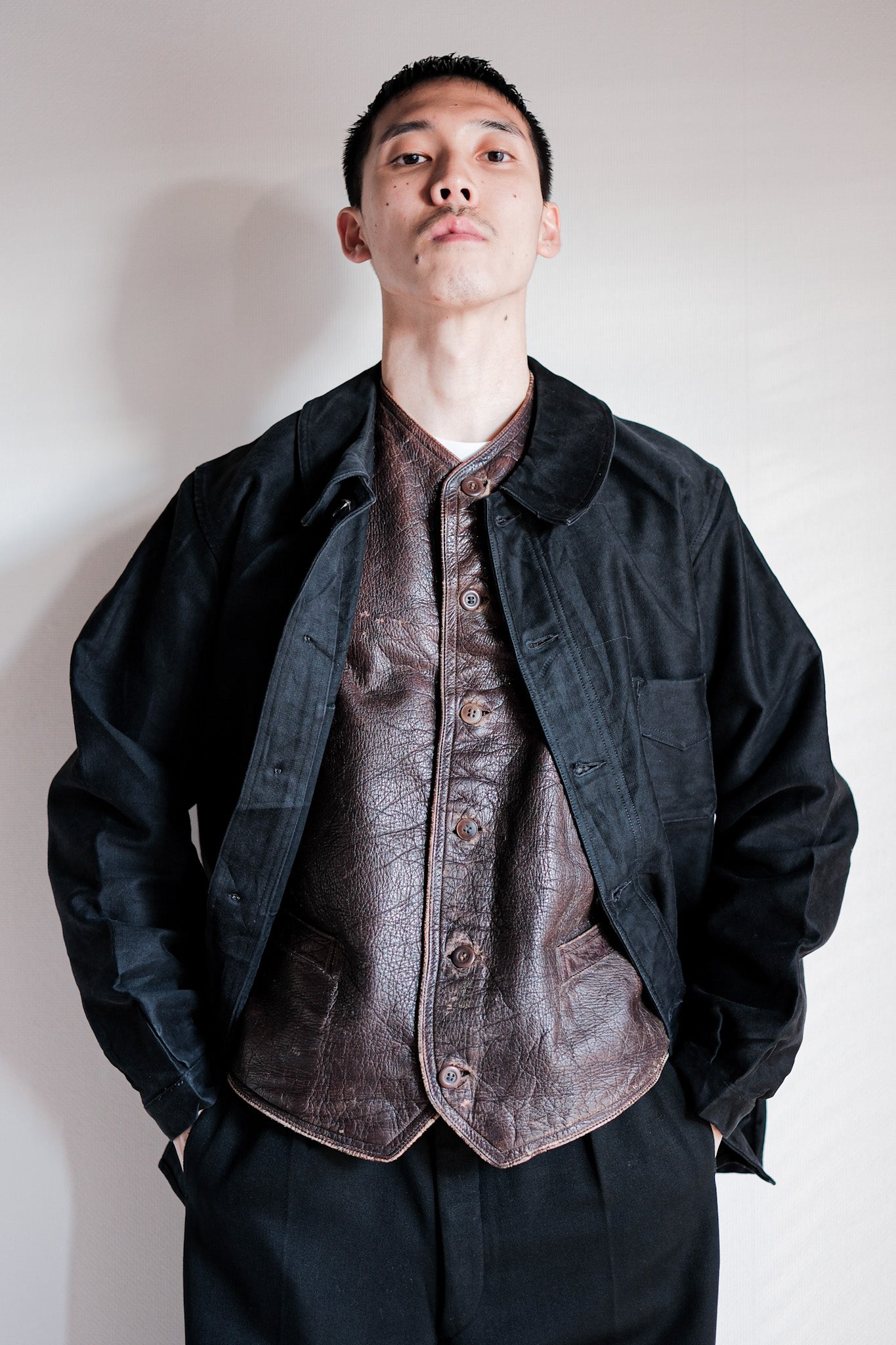 【~40's】French Vintage Brown Leather Work Gilet