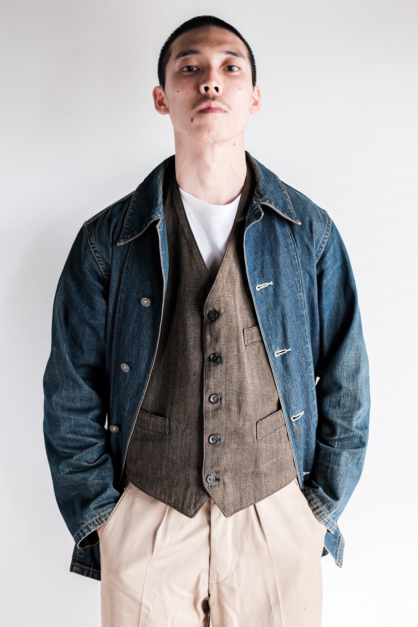 【~50's】French Vintage Brown Salt & Pepper Cotton Work Gilet