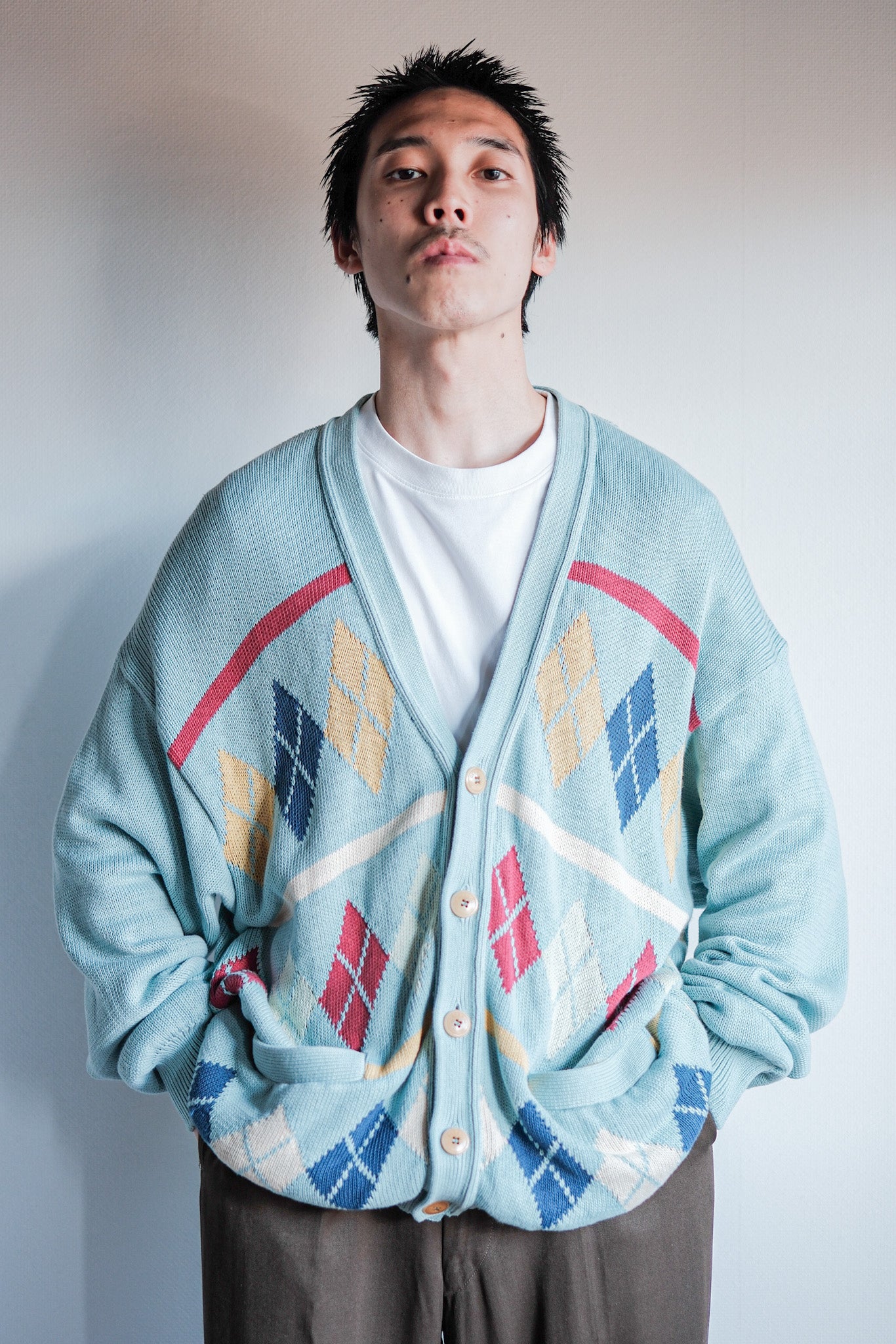 【~90's】Italian Vintage Cotton Argyle Cardigan