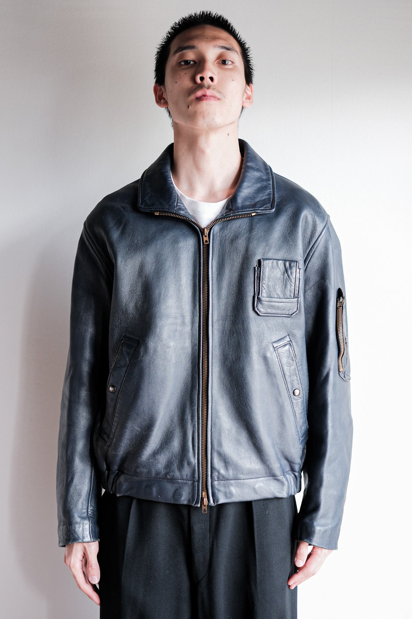 【~70's】French Air Force Pilot Leather Jacket Size.96M