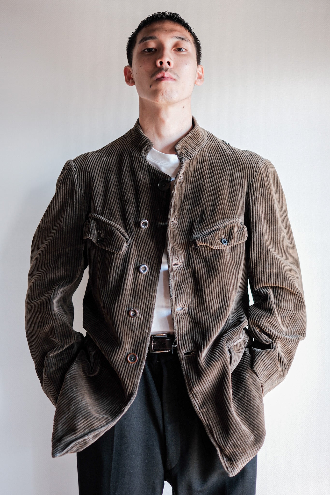 【~30’s】French Vintage Brown Corduroy Stand Collar Work Jacket "Unusual Pattern"