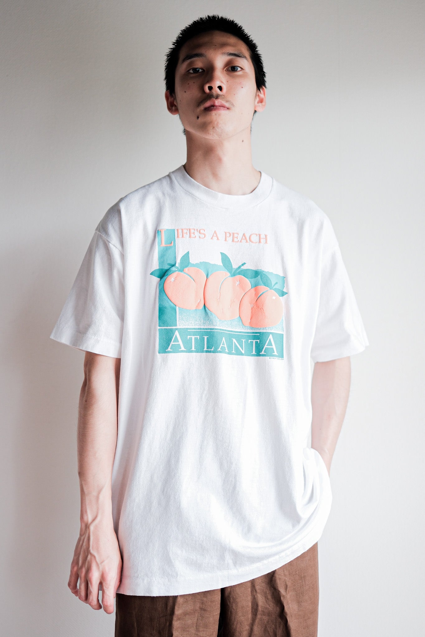 【~90's】Vintage Graphic Print T-shirt Size.XL "LIFE'S A PEACH" "Made in U.S.A."