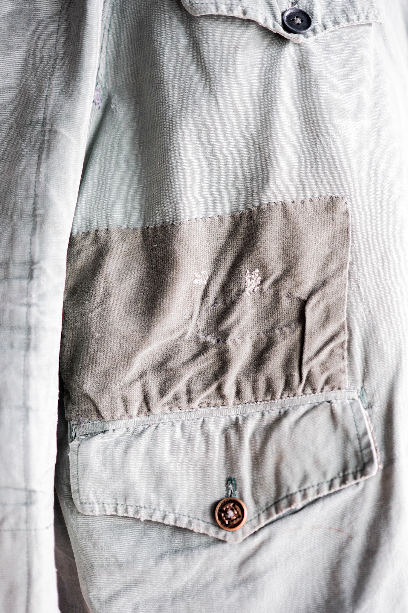 【~50's】French Vintage Green Cotton Canvas Hunting Jacket With Chin Strap "Patchwork"