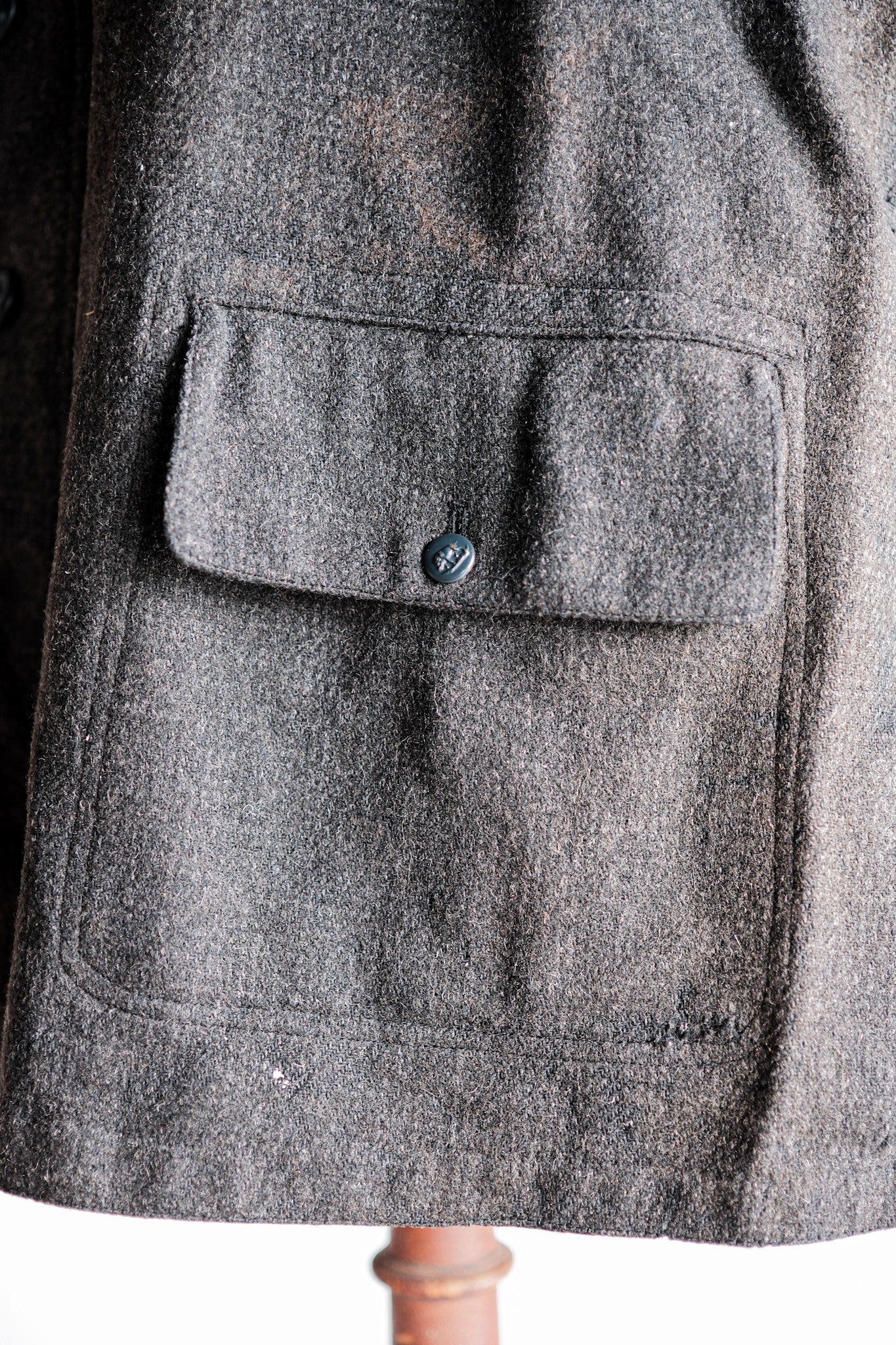 【~30's】French Vintage Gray Wool Hunting Jacket With Chin Strap "Boro"