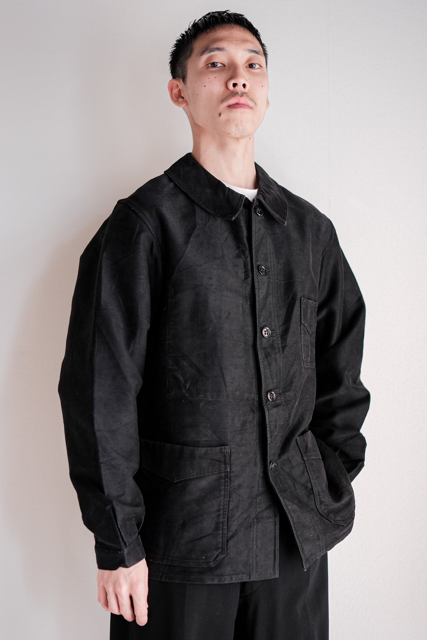 【~30's】French Vintage Black Moleskin Work Jacket "Le Mont St. Michel"