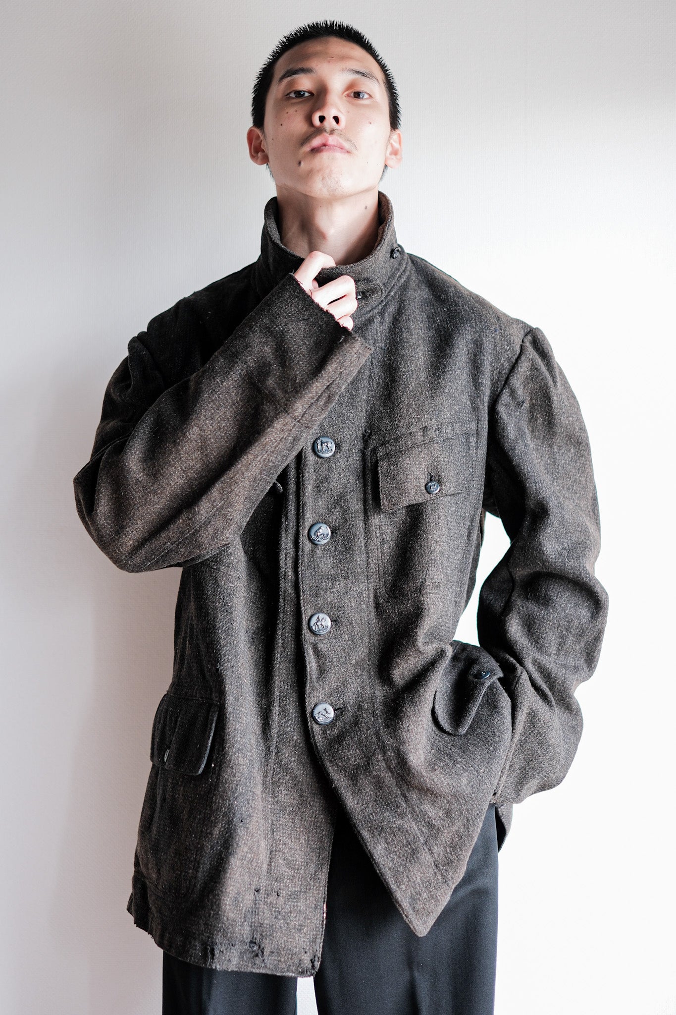 【~30's】French Vintage Gray Wool Hunting Jacket With Chin Strap "Boro"