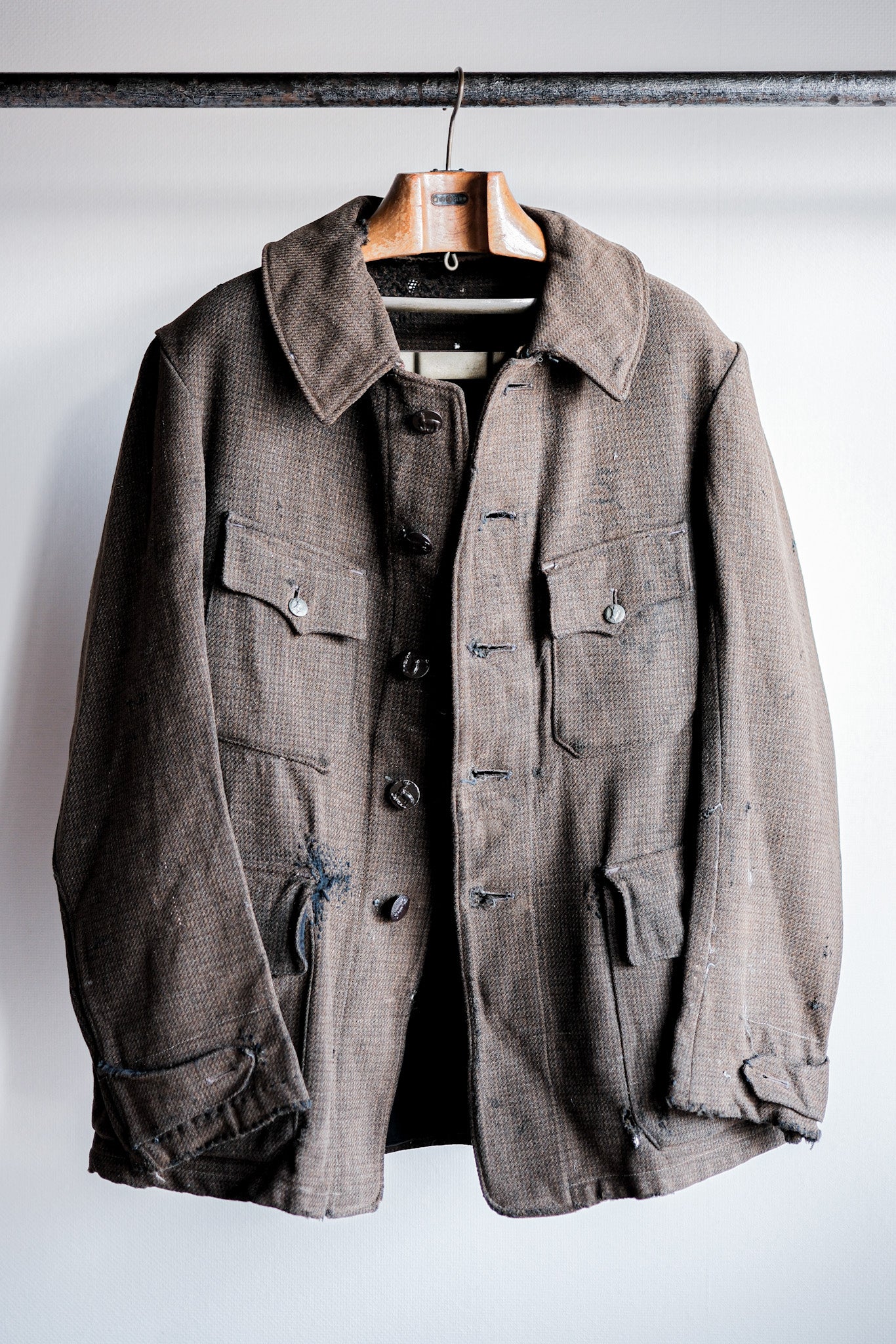 【~30's】French Vintage Brown Wool Hunting Jacket "Boro"