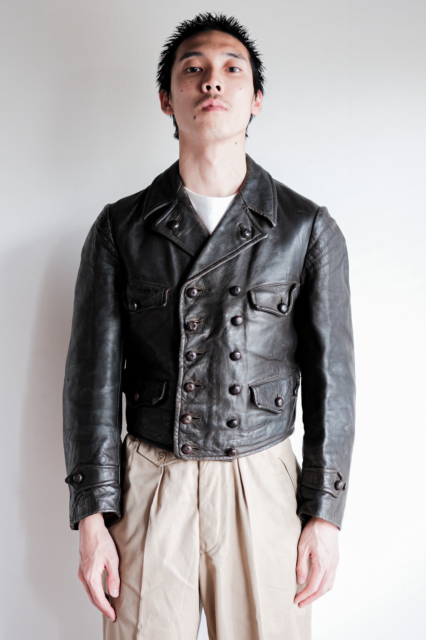 【~40's】German Vintage Double Breasted Motorcycle Leather Jacket