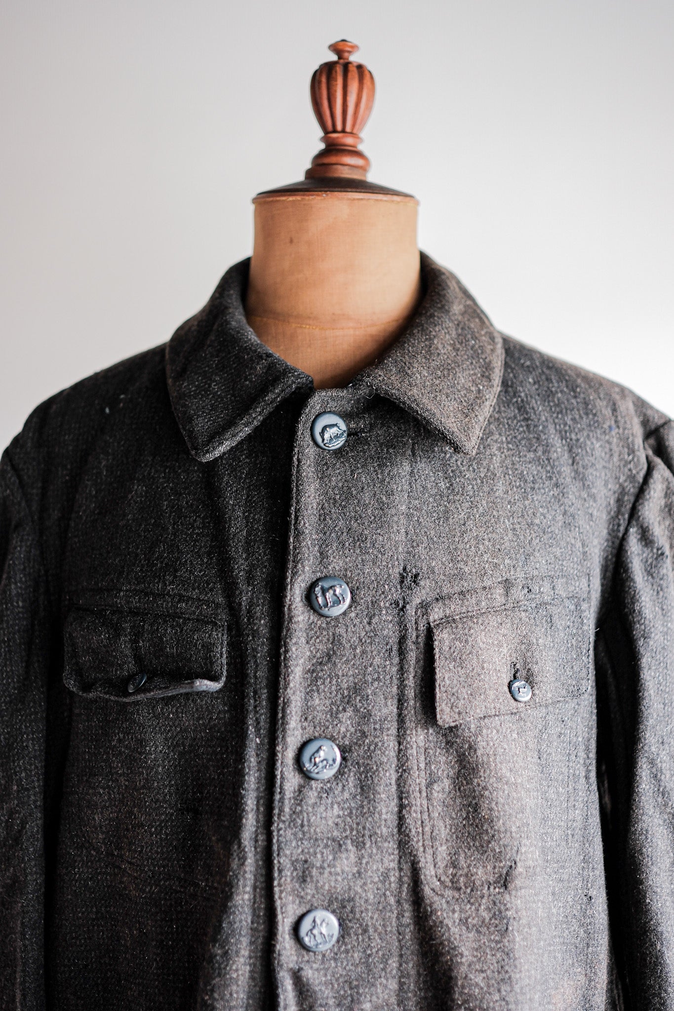 【~30's】French Vintage Gray Wool Hunting Jacket With Chin Strap "Boro"