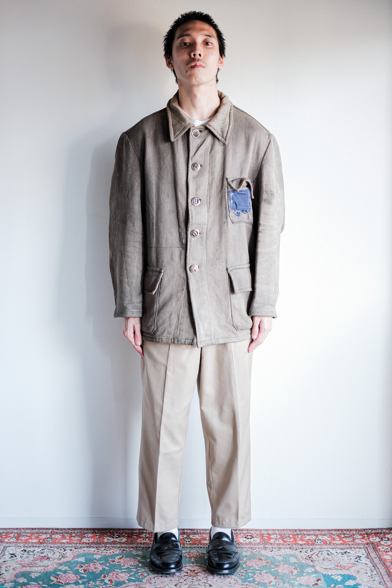 【~60's】French Vintage Brown Gray Cotton Pique Hunting Jacket Size.46