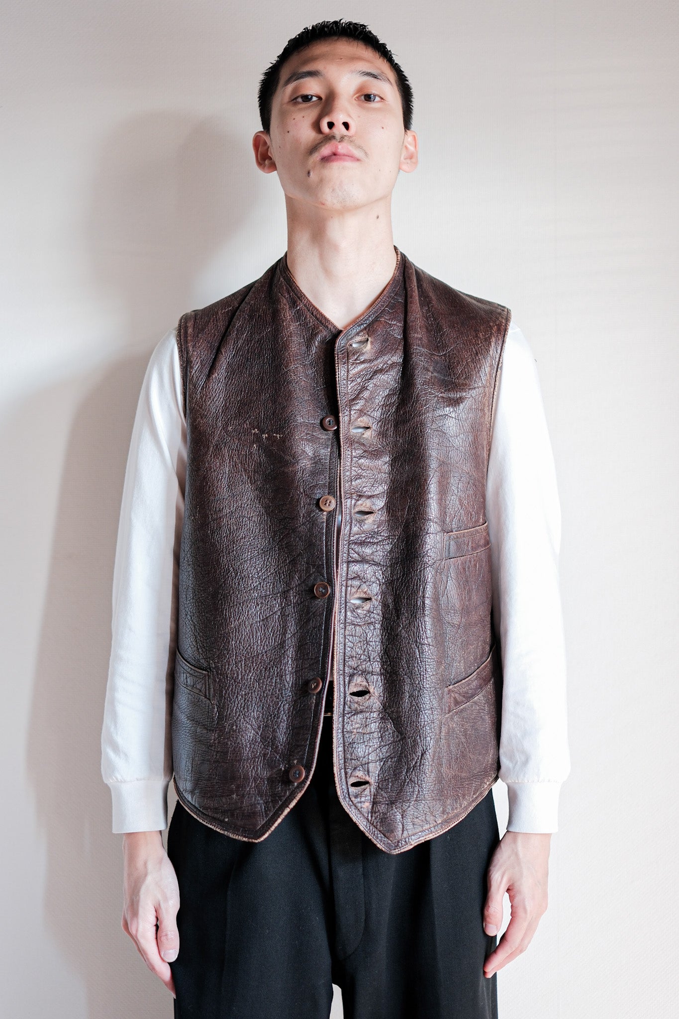 【~40's】French Vintage Brown Leather Work Gilet