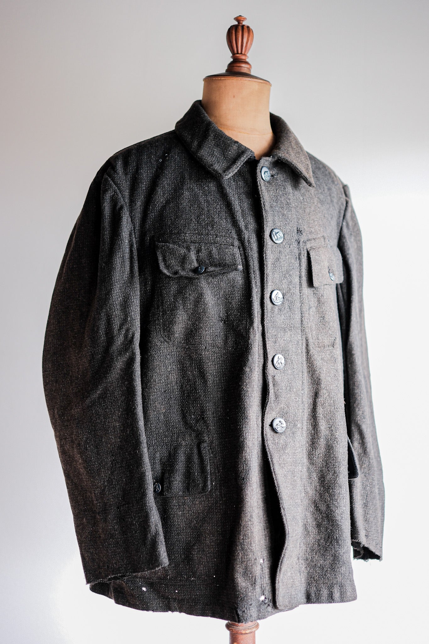 【~30's】French Vintage Gray Wool Hunting Jacket With Chin Strap "Boro"
