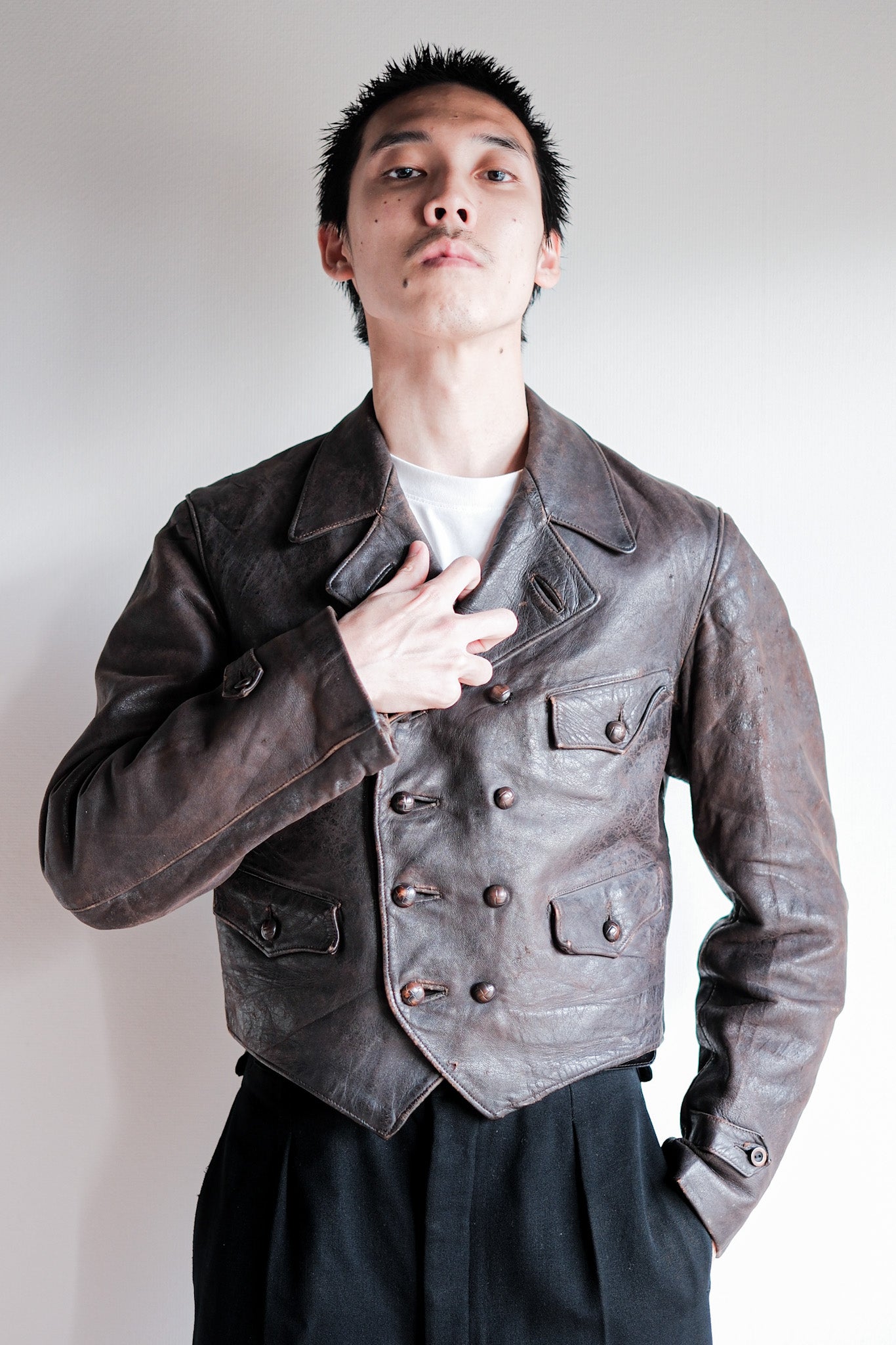 【~40's】German Vintage Double Breasted Motorcycle Leather Jacket