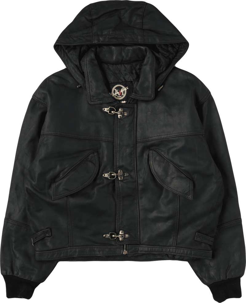 【~80’s】French Vintage Detachable Hood Fireman Type Leather Short Jacket Size.4