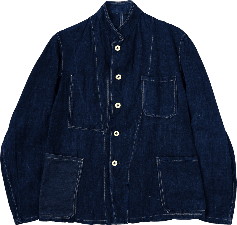 【~30's】French Vintage Indigo Linen Stand Collar Work Jacket