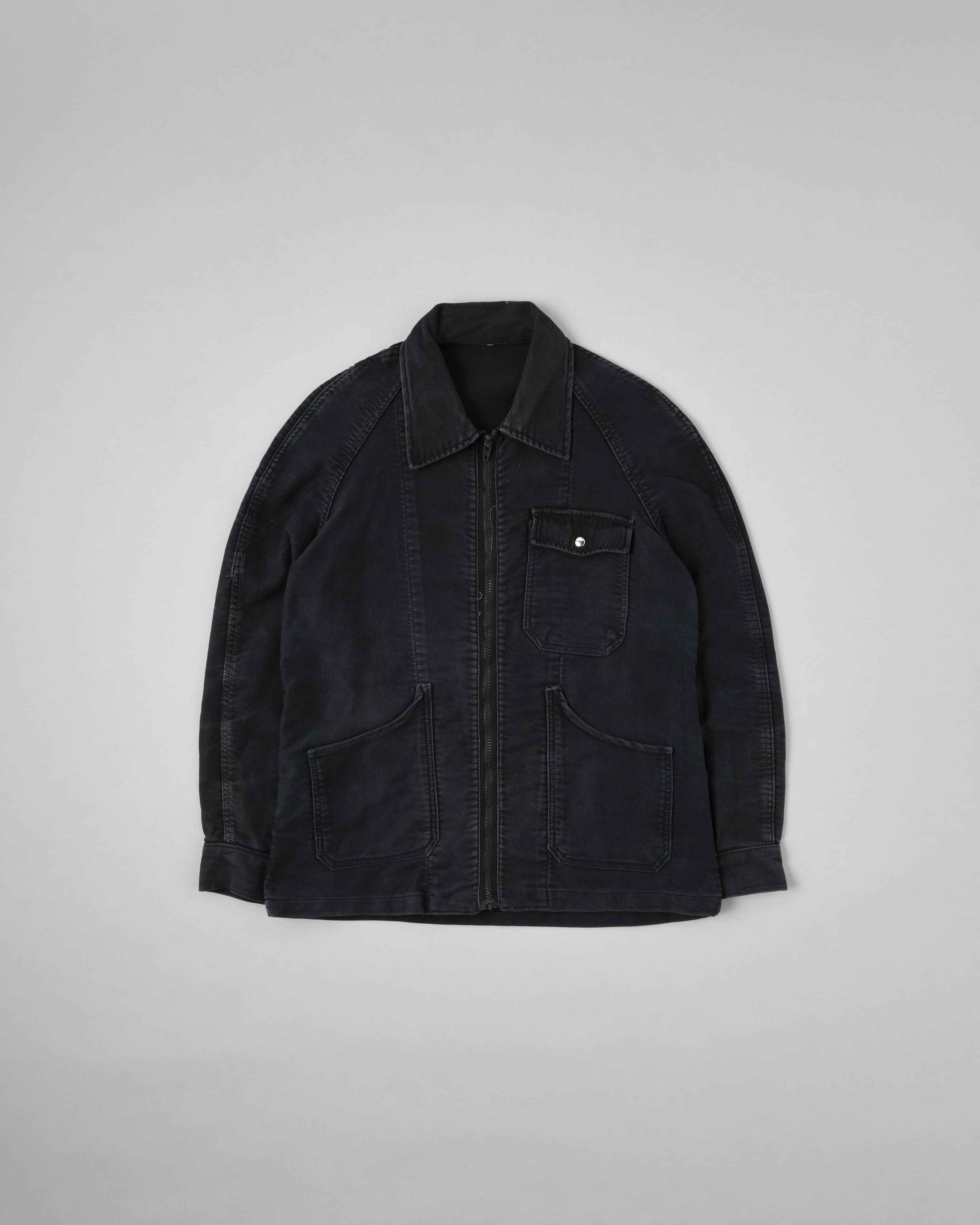 【~70's】Europe Vintage Raglan Sleeve Black Moleskin Zip Up Jacket
