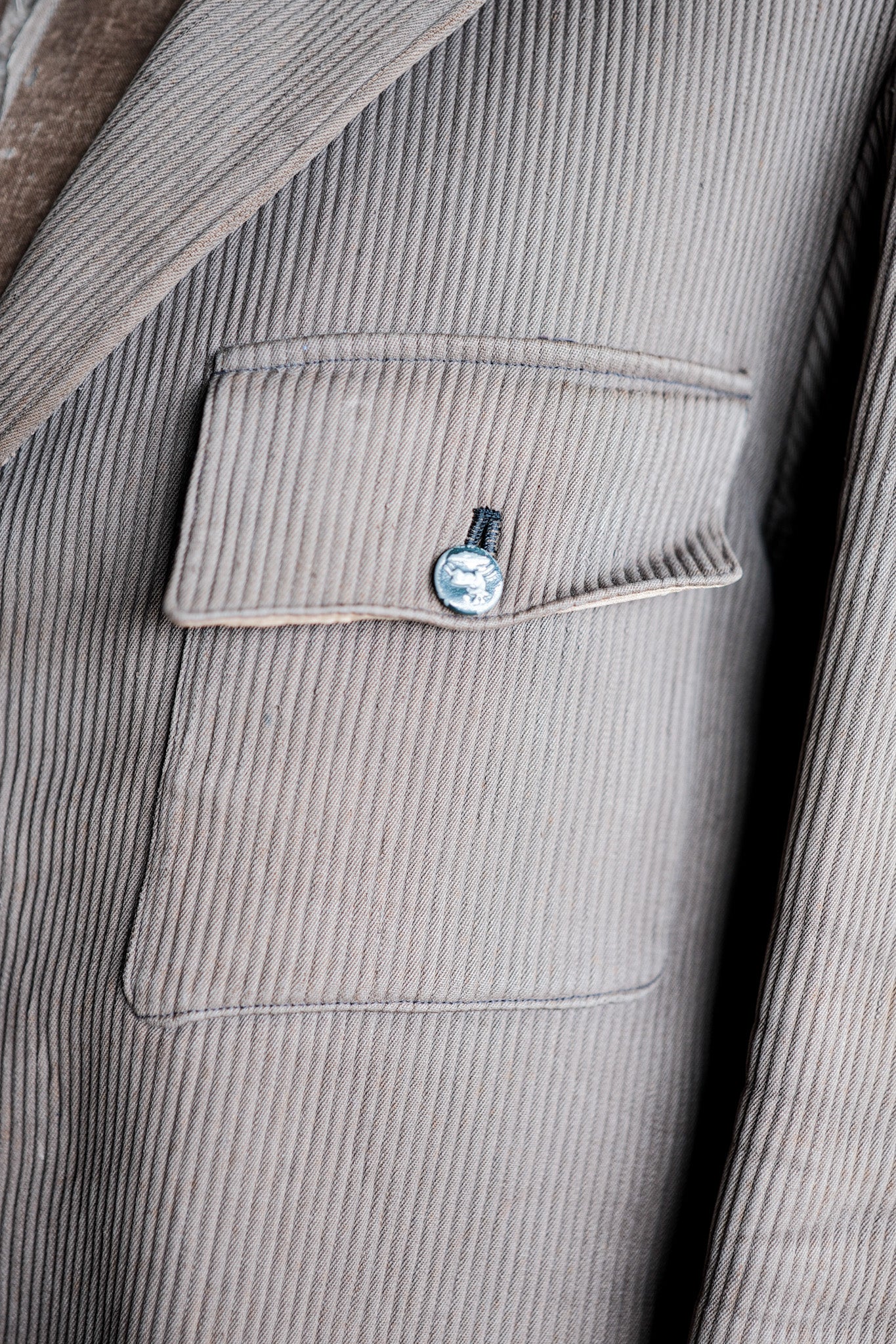 【~40's】French Vintage Brown Cotton Pique Lapel Gamekeeper Hunting Jacket "Unusual Pattern"