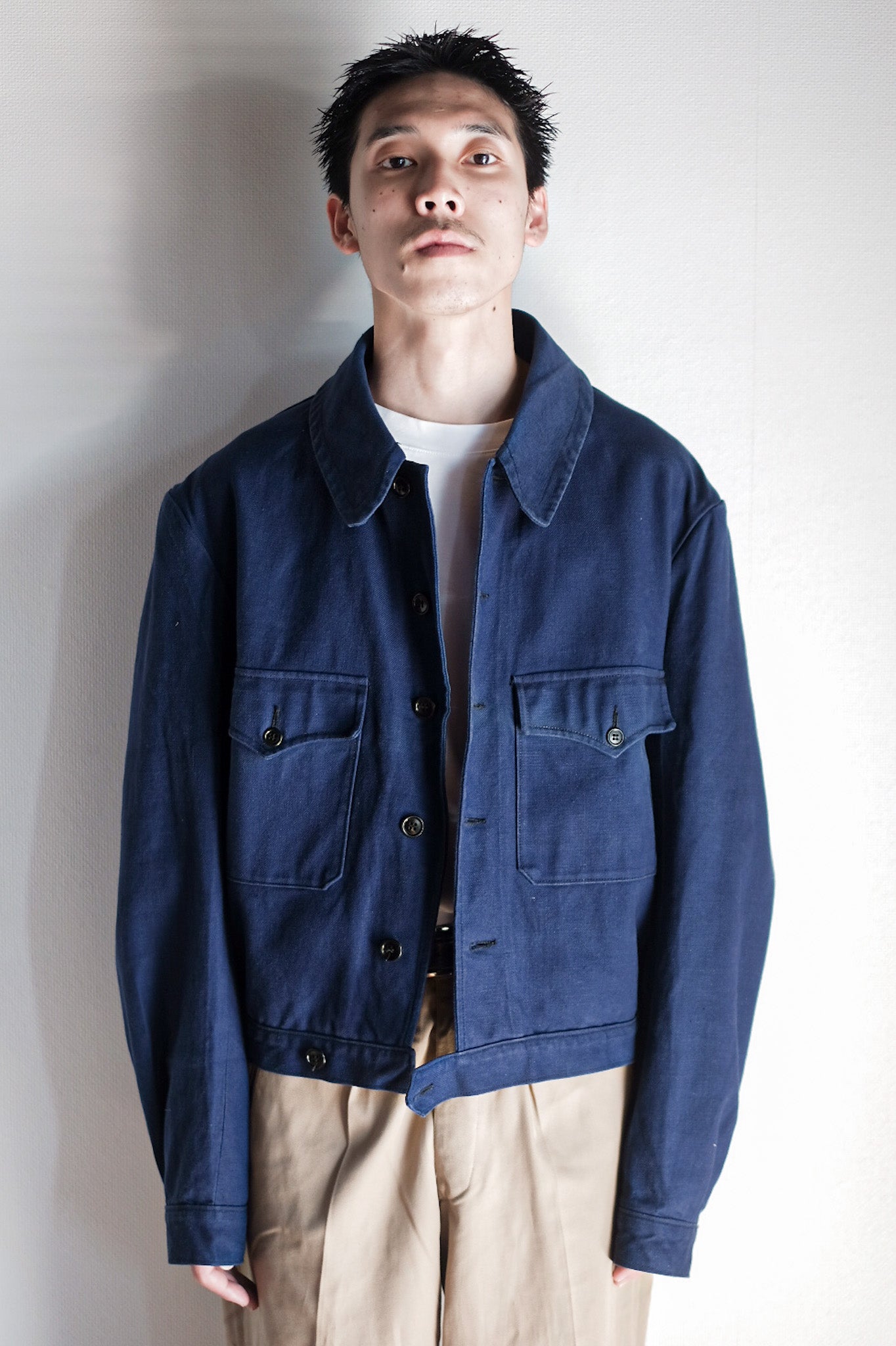 【~40's】French Vintage Blue Cotton Twill Cyclist Jacket