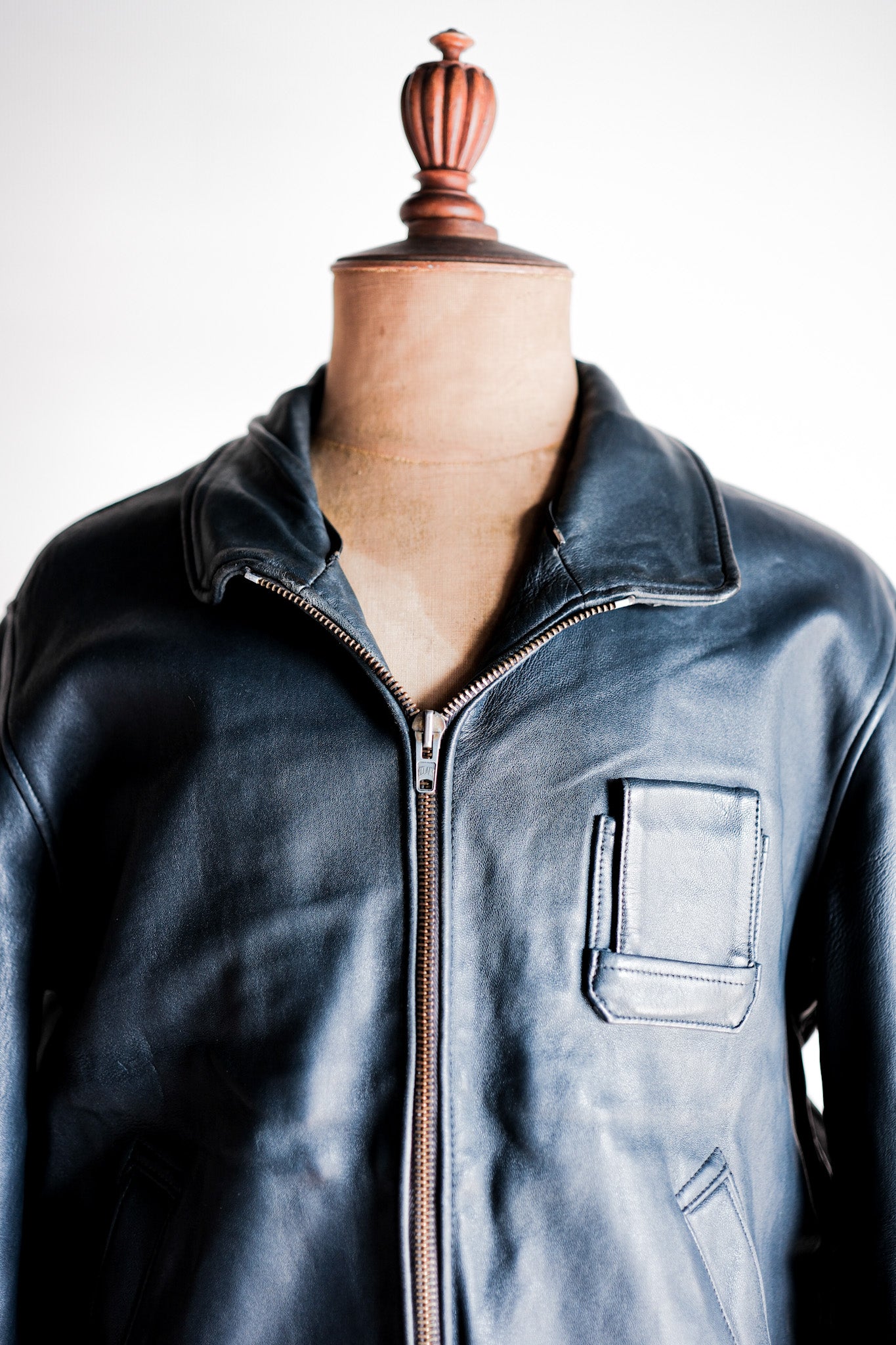 【~70's】French Air Force Pilot Leather Jacket With Chin Strap