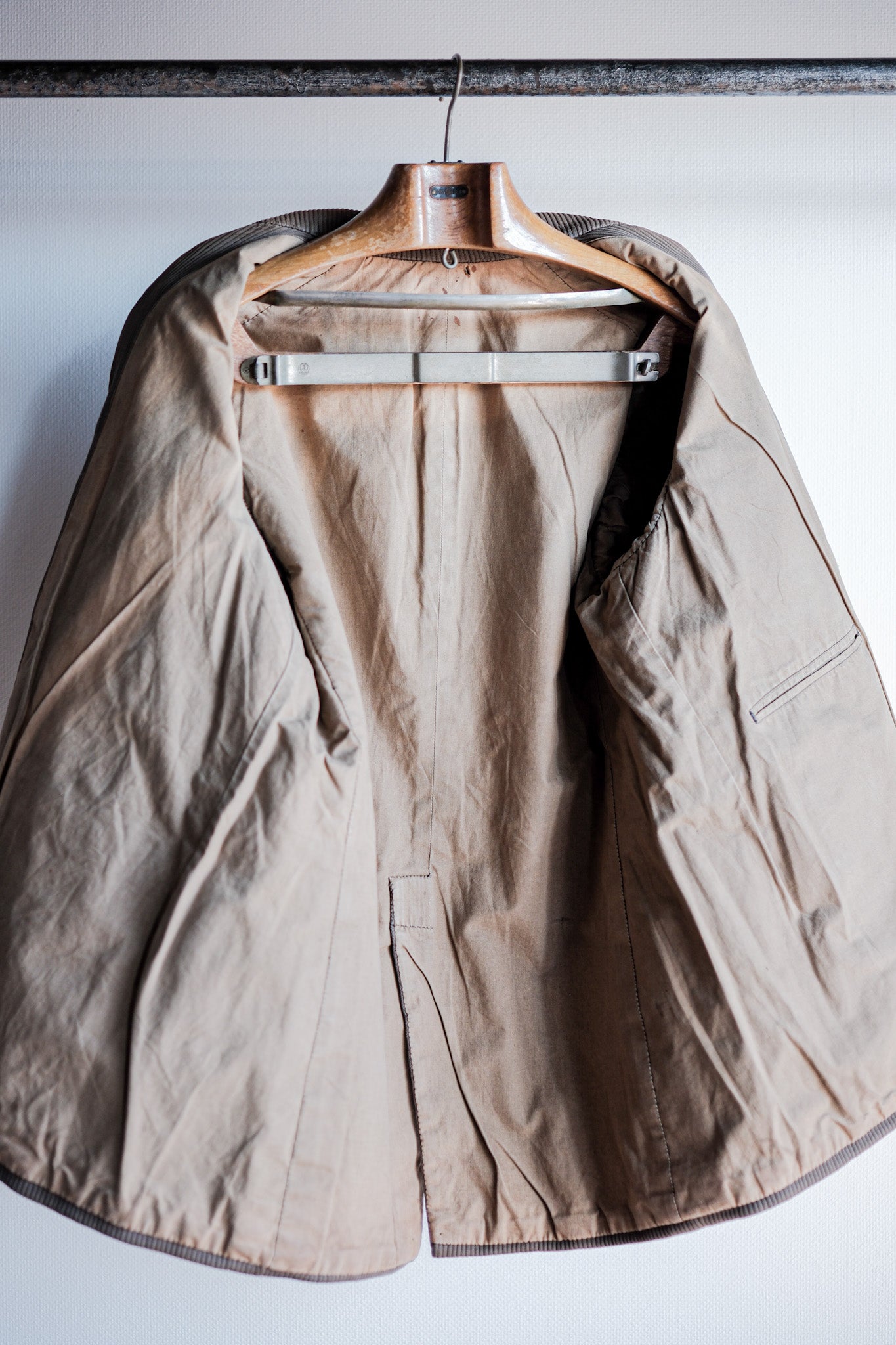 【~40's】French Vintage Brown Cotton Pique Lapel Gamekeeper Hunting Jacket "Unusual Pattern"