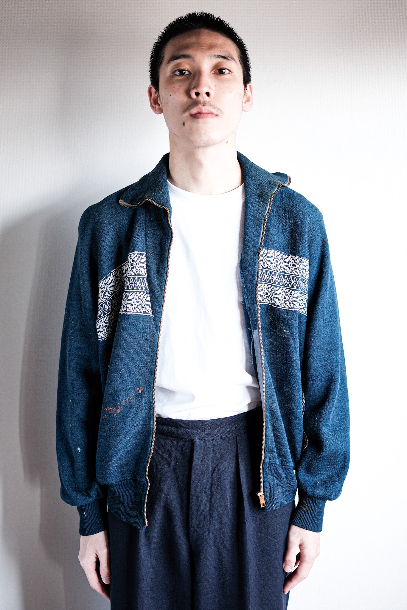 【~50's】French Vintage Full Zip Wool Printed Cardigan