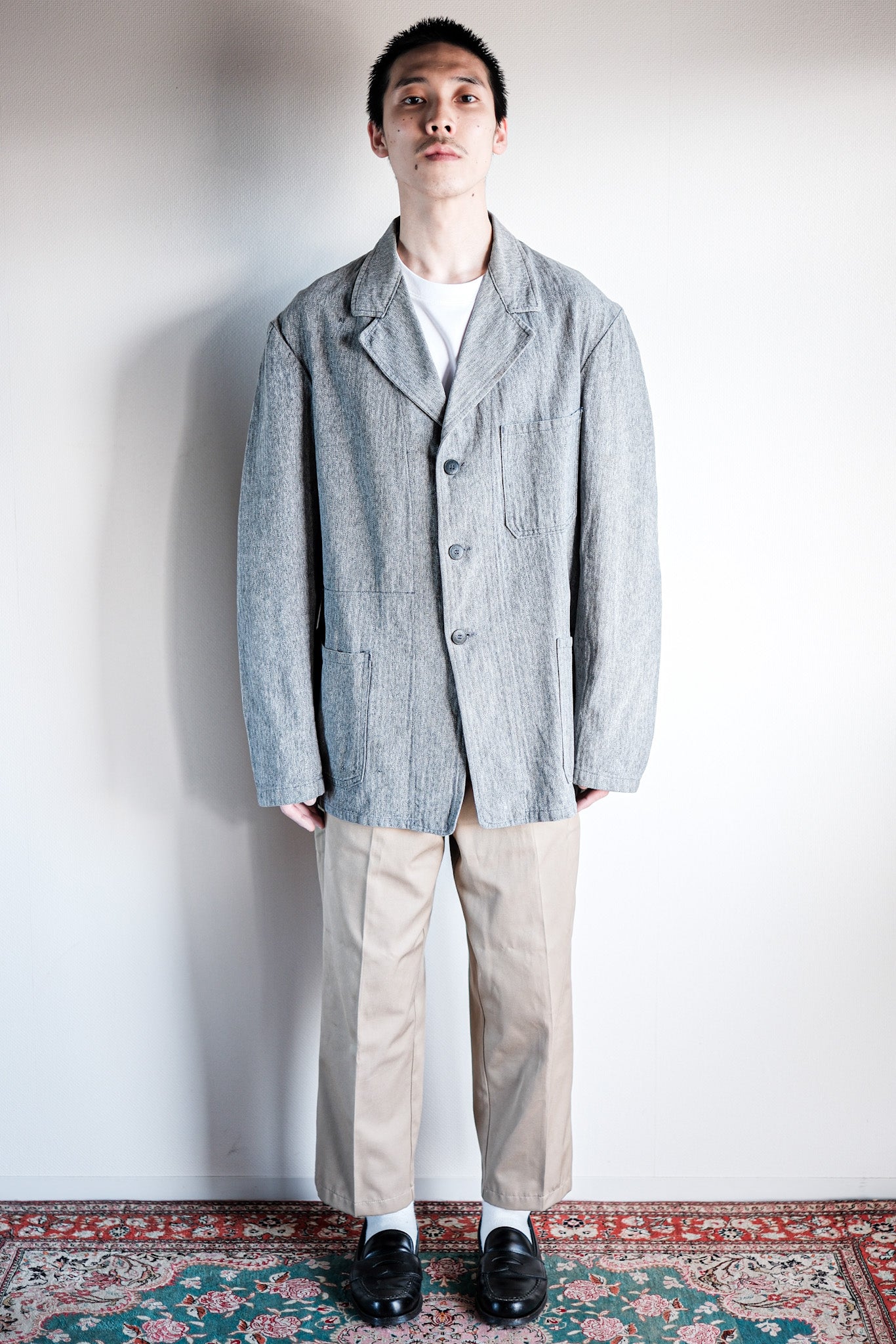 【~50's】French Vintage Salt & Pepper Cotton HBT Lapel Work Jacket