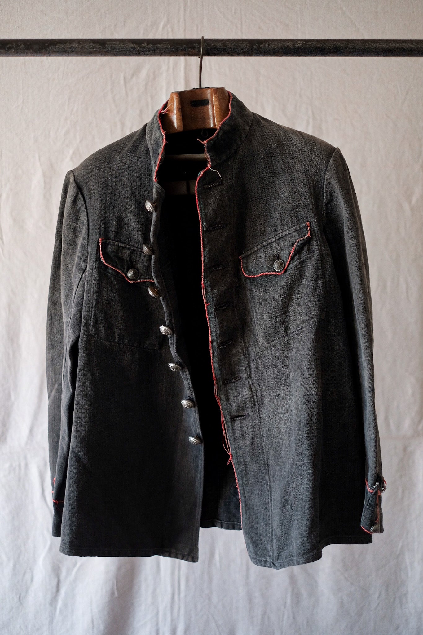 【~10's】French Vintage Black Linen HBT Fireman Jacket