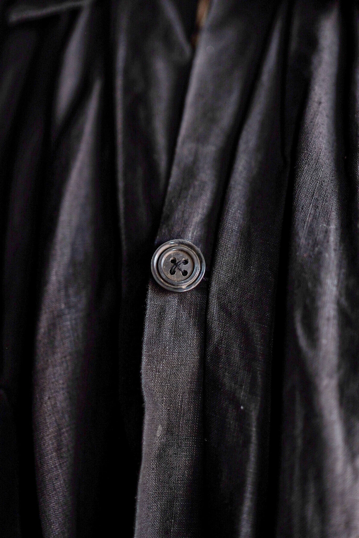 【Early 20th C】French Antique Black Indigo Linen Smock Open Type "Biaude" "Dead Stock"