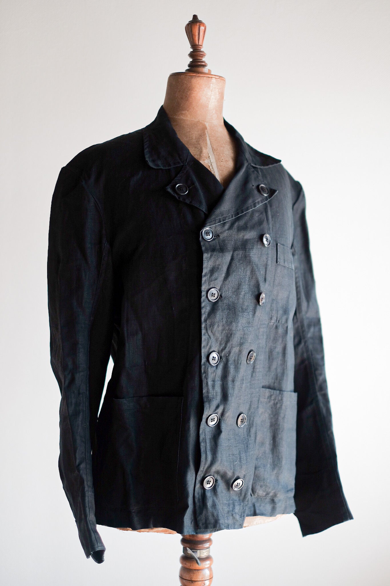 【~30's】French Vintage Black Indigo Linen Double Breasted Work Jacket "Dead Stock"