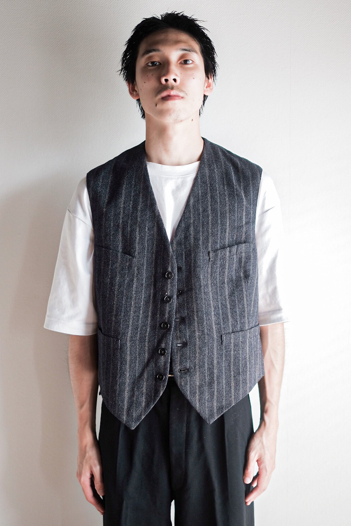 【~40's】French Vintage Gray Wool Striped Work Gilet