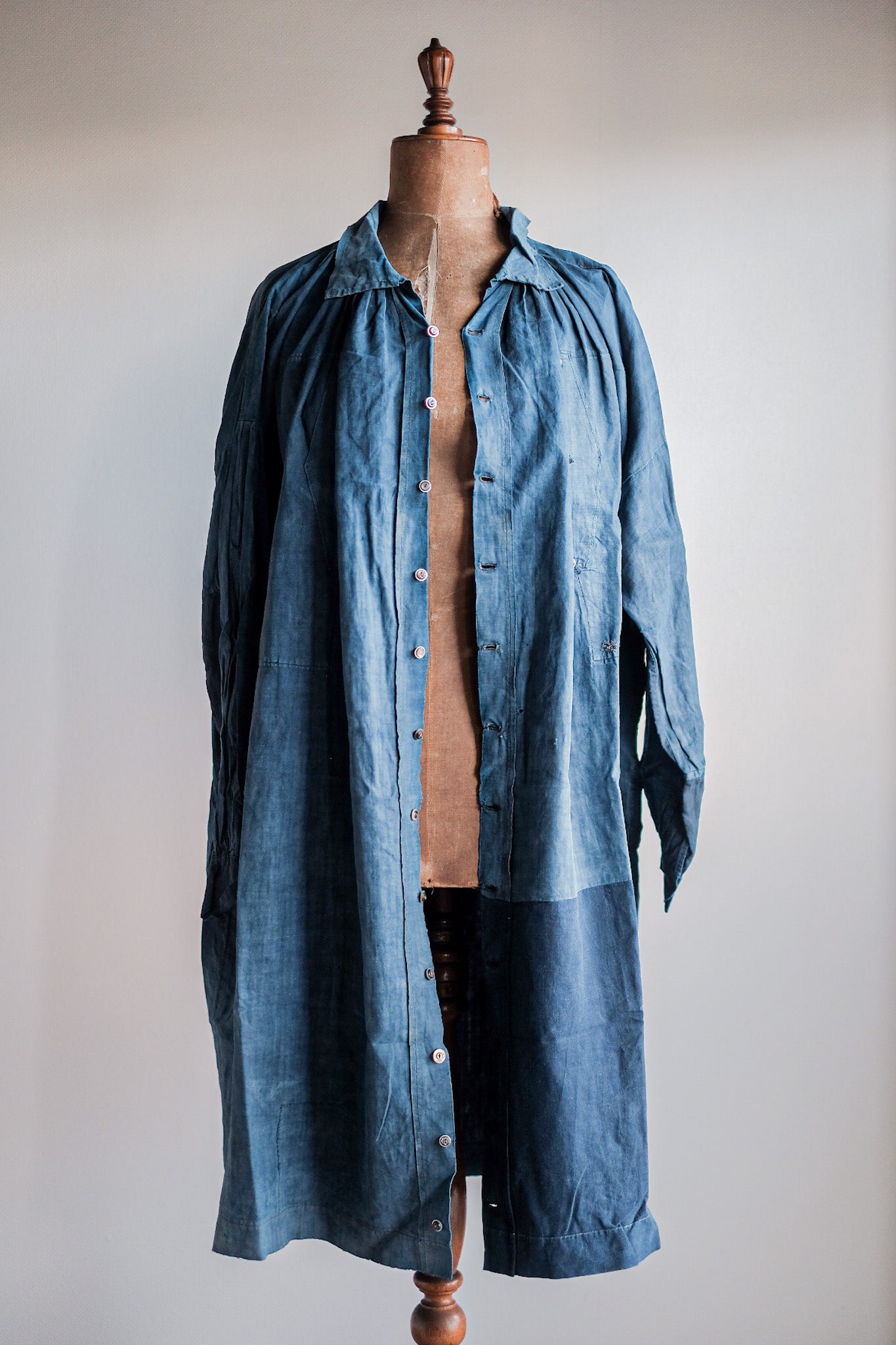 【Early 20th C】French Antique Indigo Linen Smock Open Type "Biaude"