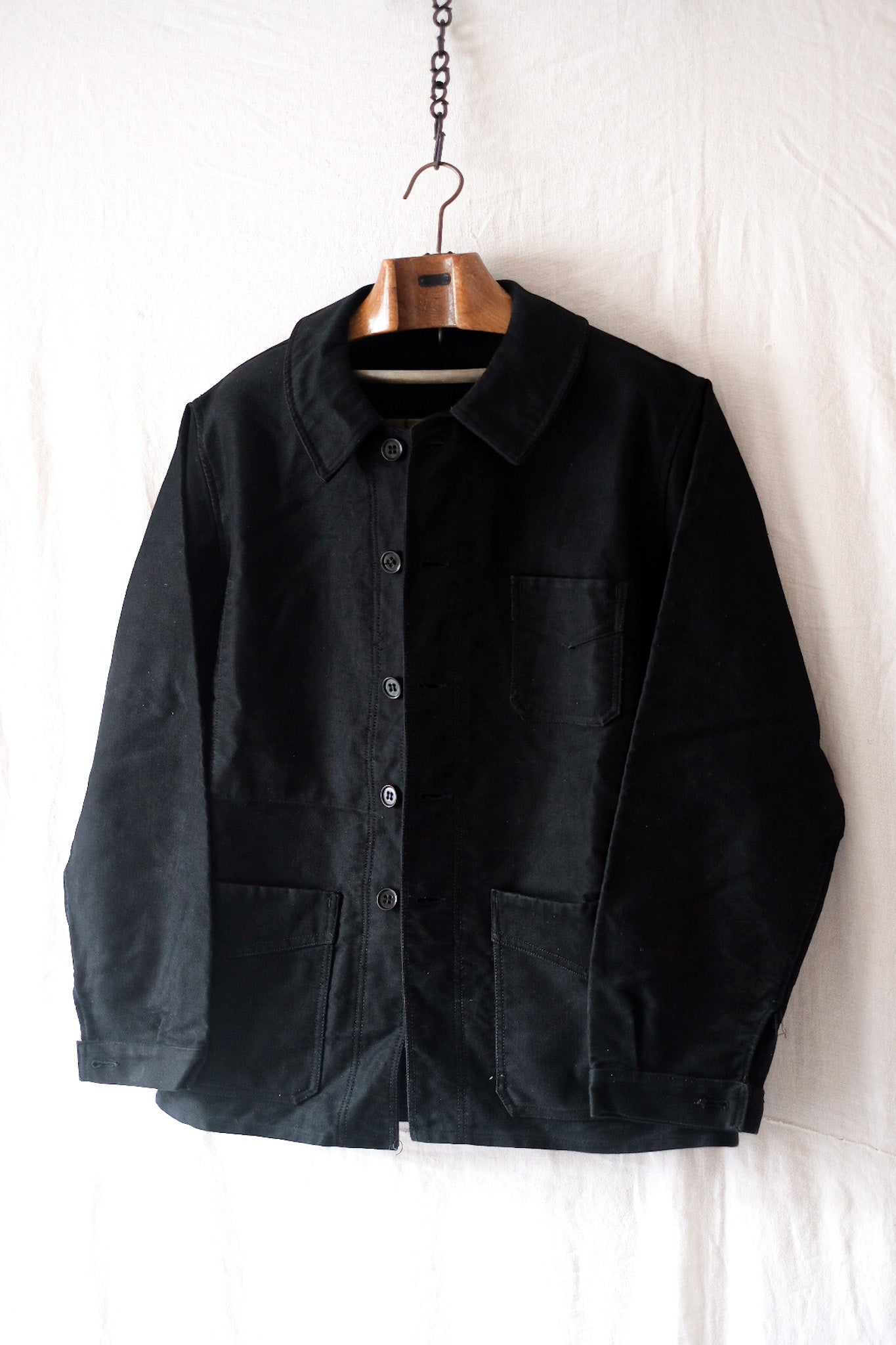 【~40's】French Vintage "Le Mont St. Michel" Black Moleskin Work Jacket