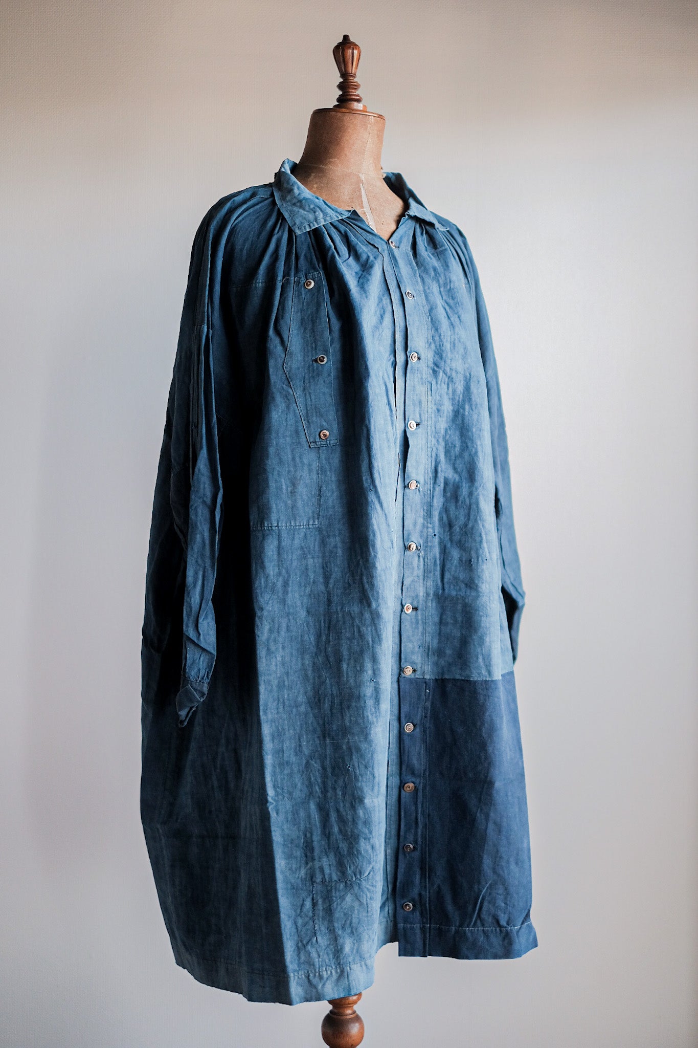 【Early 20th C】French Antique Indigo Linen Smock Open Type "Biaude"