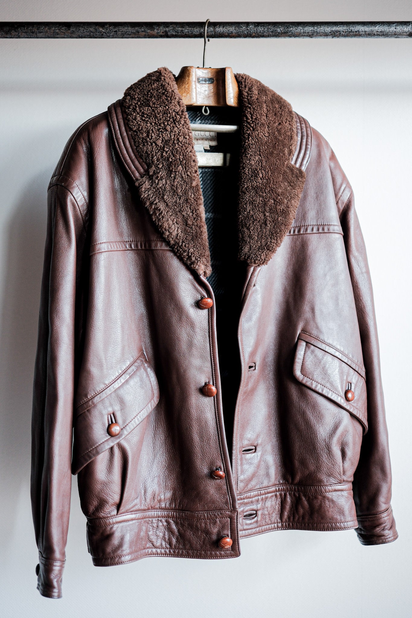 【~80's】Old Gucci Shawl Collar Leather Bomber Jacket Size.52