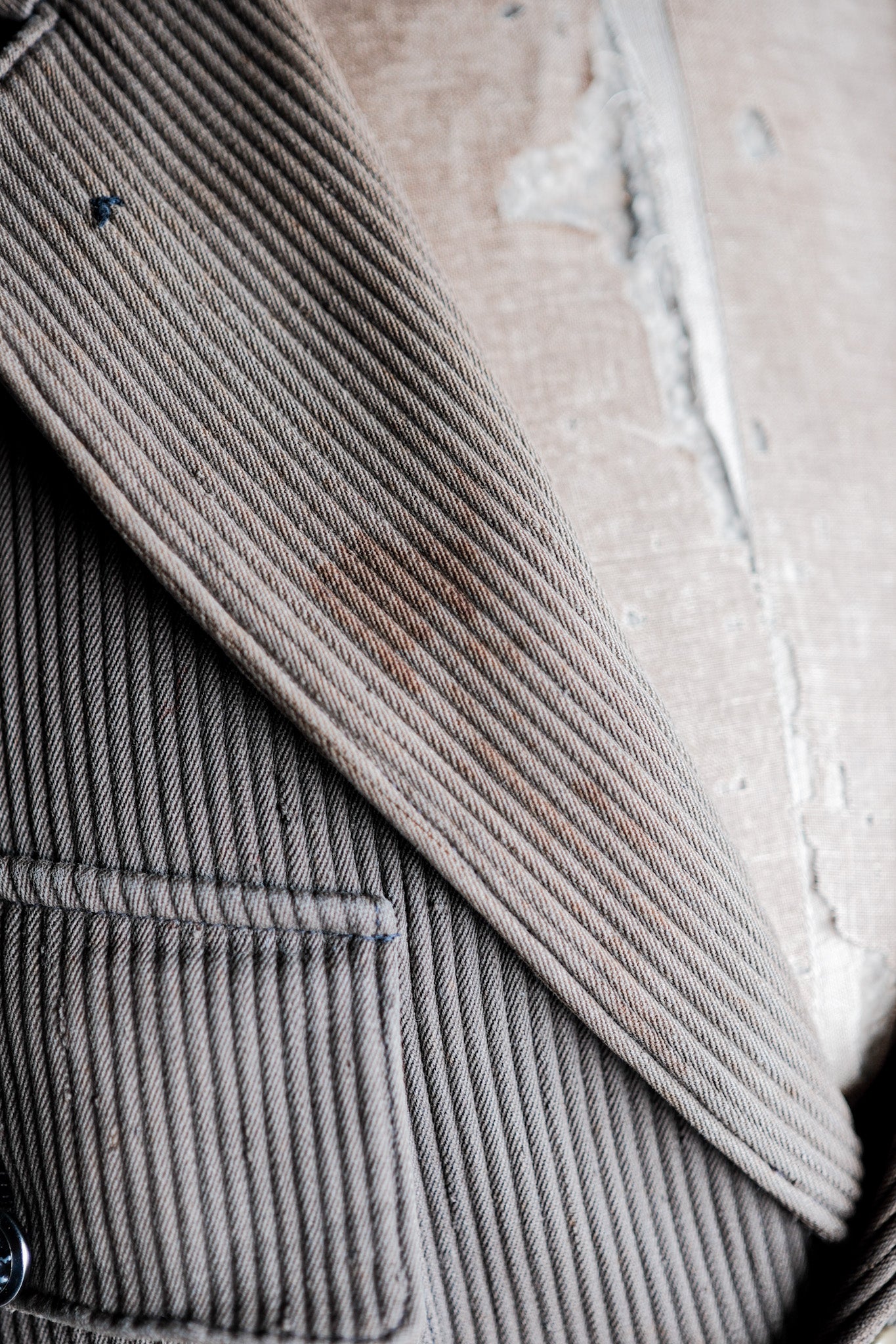 【~40's】French Vintage Brown Cotton Pique Lapel Gamekeeper Hunting Jacket "Unusual Pattern"