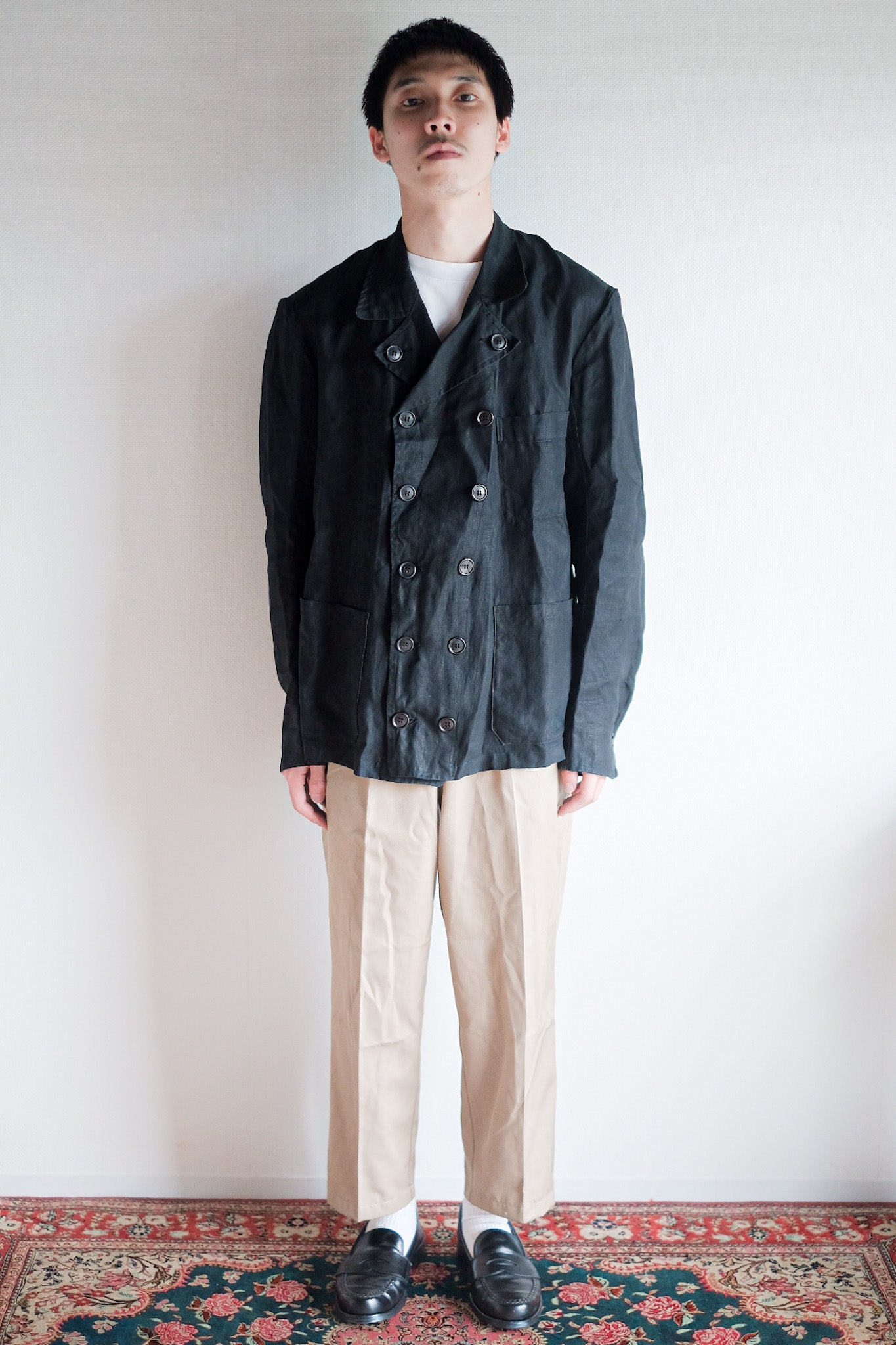 【~30's】French Vintage Black Indigo Linen Double Breasted Work Jacket "Dead Stock"