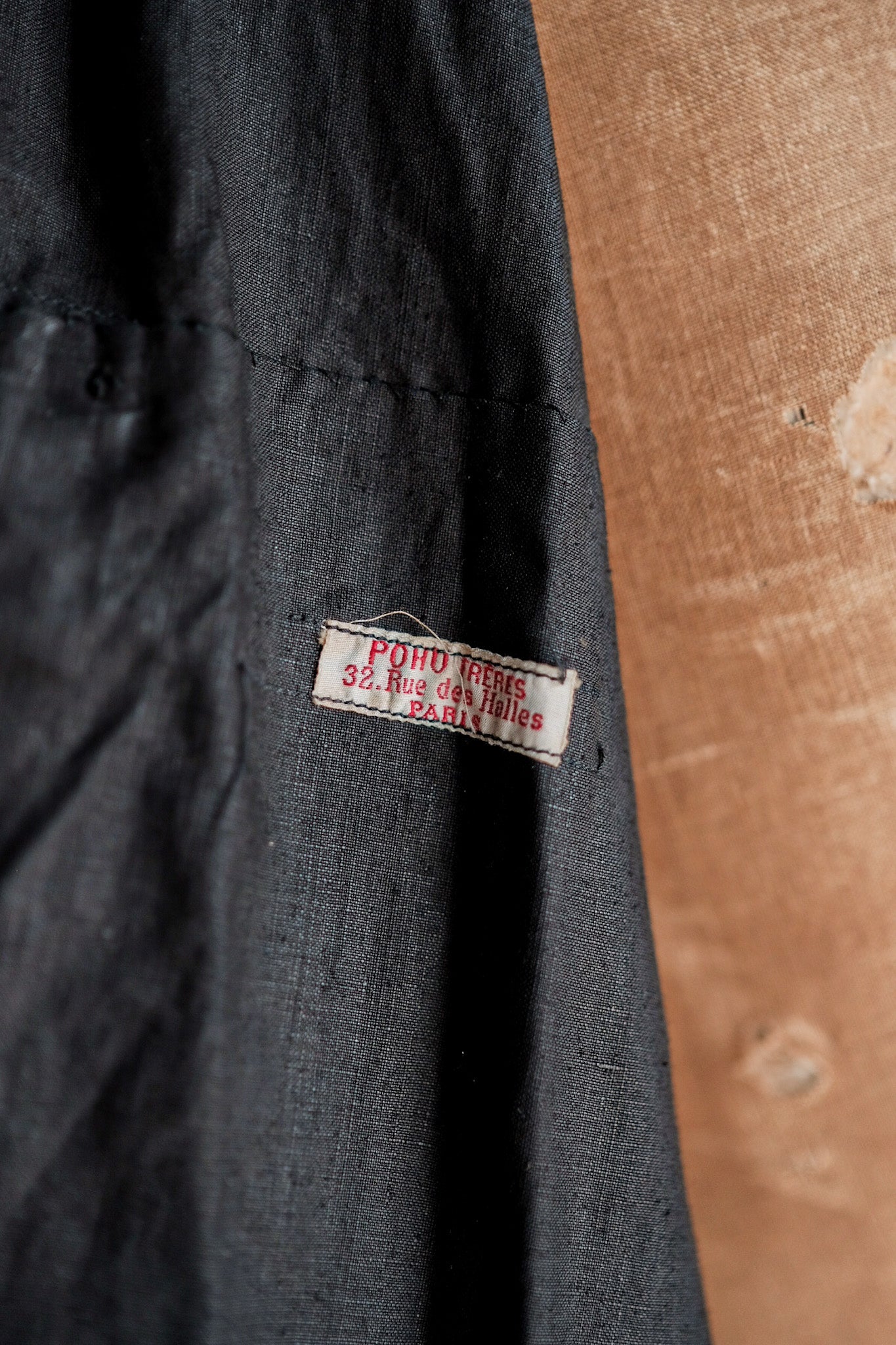 【Early 20th C】French Antique Black Indigo Linen Smock Open Type "Biaude" "Dead Stock"